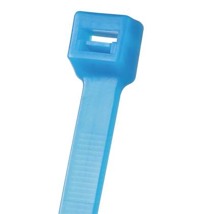 Eine blaue Plastik-Kabelbinder mit rechteckigem Kopf und gerippter Oberfläche, die zum Befestigen oder Zusammenbinden von Gegenständen verwendet wird.