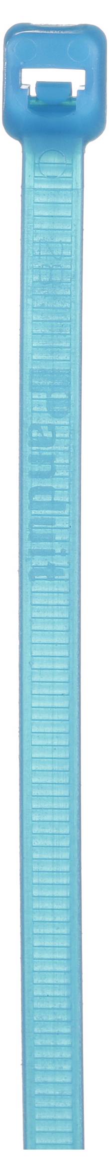 Eine blaue Kabelbinder aus Kunststoff mit geriffter Textur verläuft vertikal und endet in einer quadratischen Schlaufe an der Spitze zum Befestigen.