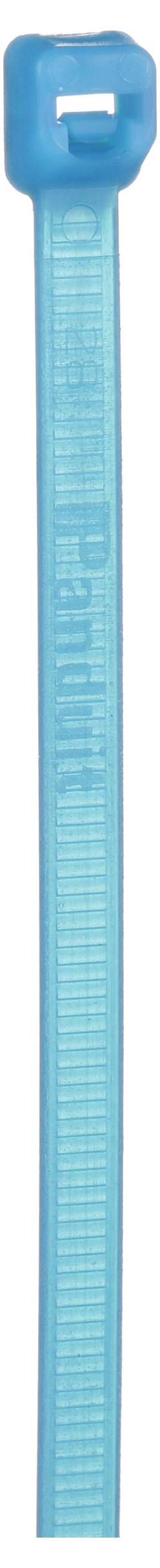 Eine blaue Plastik-Kabelbinder mit einer rechteckigen Klammer an der Oberseite.