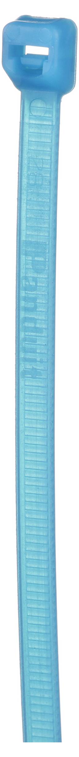 Ein Nahaufnahmebild einer blauen Plastik-Kabelbinder mit einem Verschlussmechanismus an einem Ende.