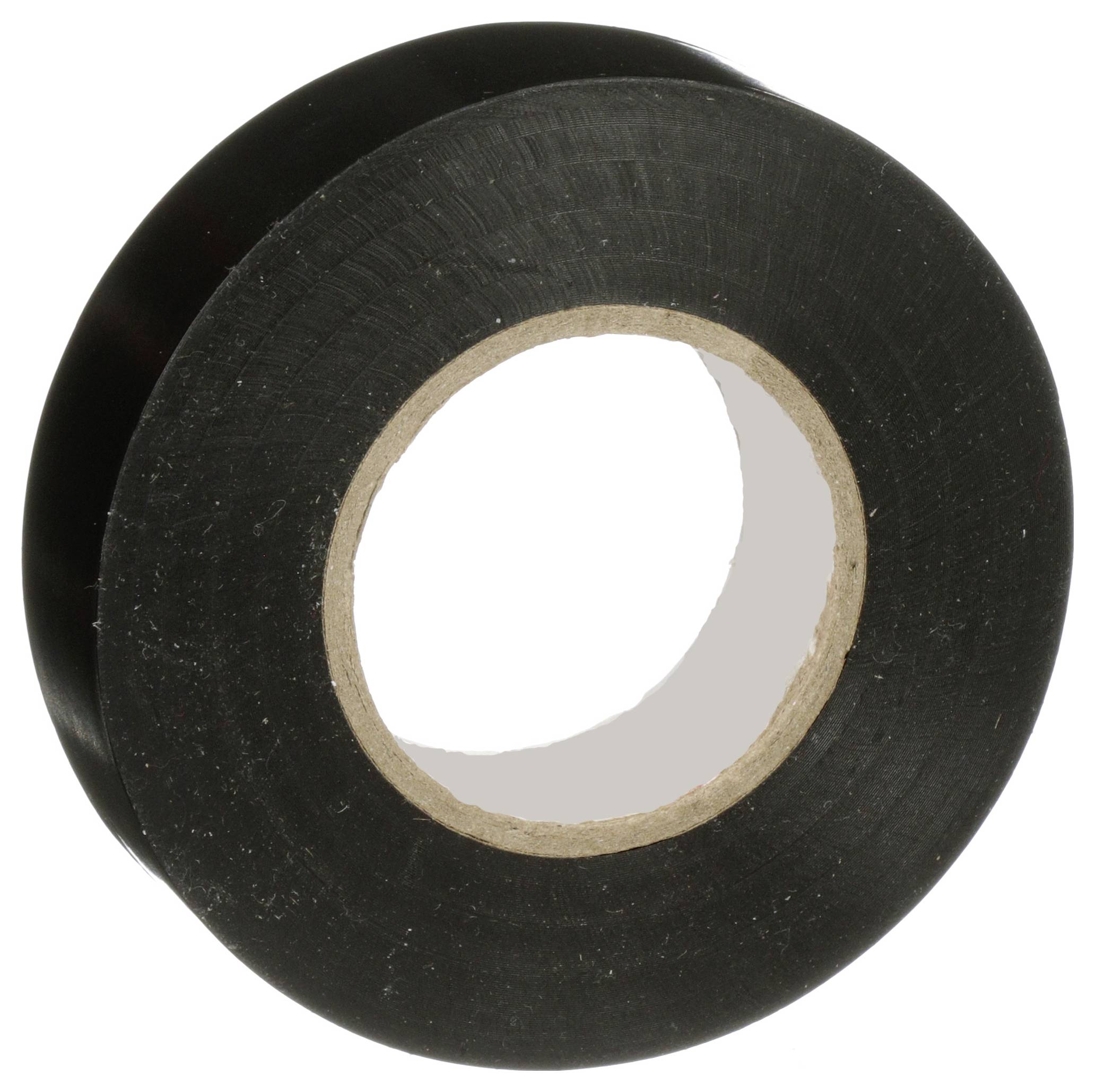 Eine Rolle schwarzes Isolierband, verwendet zum Isolieren von elektrischen Leitungen und Kabeln, vor einem einfarbigen weißen Hintergrund.