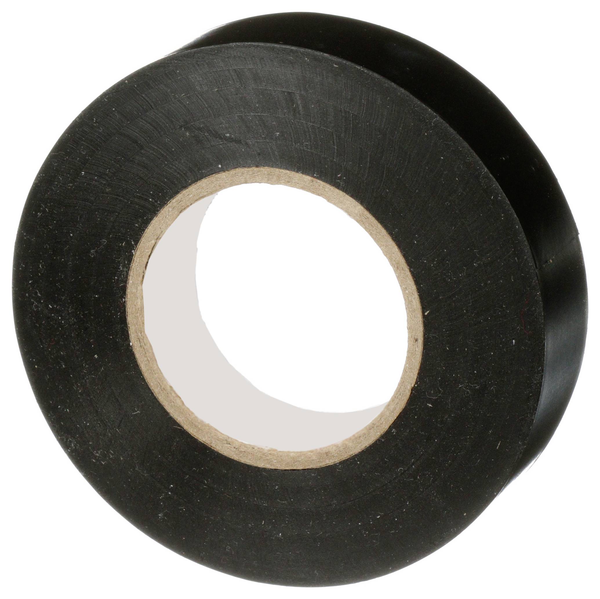 Eine Rolle schwarzes Isolierband aus einem Winkel betrachtet, wobei die Klebseite im Inneren sichtbar ist, vor einem einfarbigen Hintergrund.