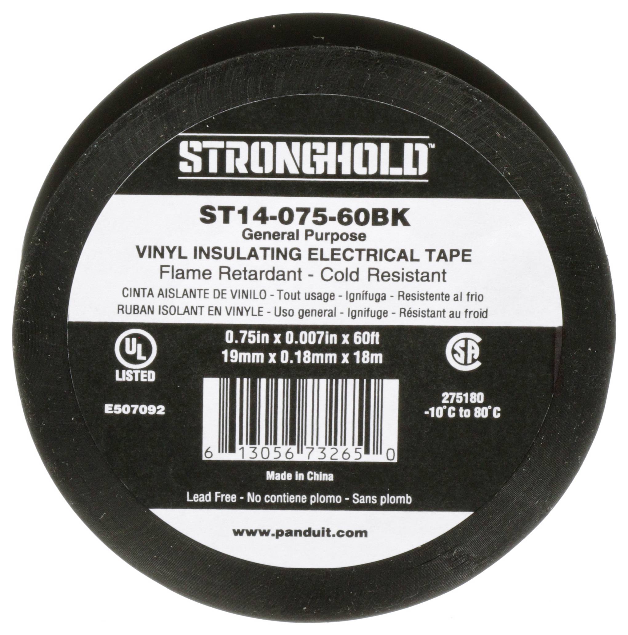 Eine Rolle schwarzes Vinyl-Isolierband mit der Bezeichnung 'Stronghold ST14-075-60BK', flammhemmend und kältebeständig von -10°C bis 80°C.