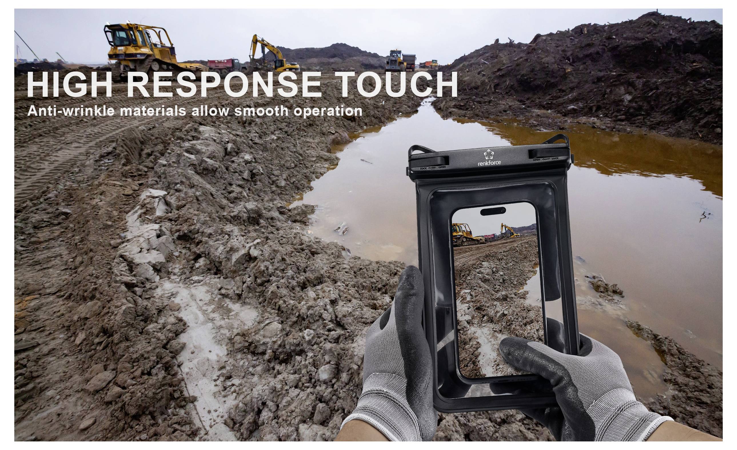 Eine Person mit Handschuhen hält ein Tablet in einem robusten Gehäuse auf einer schlammigen Baustelle, mit dem Text 