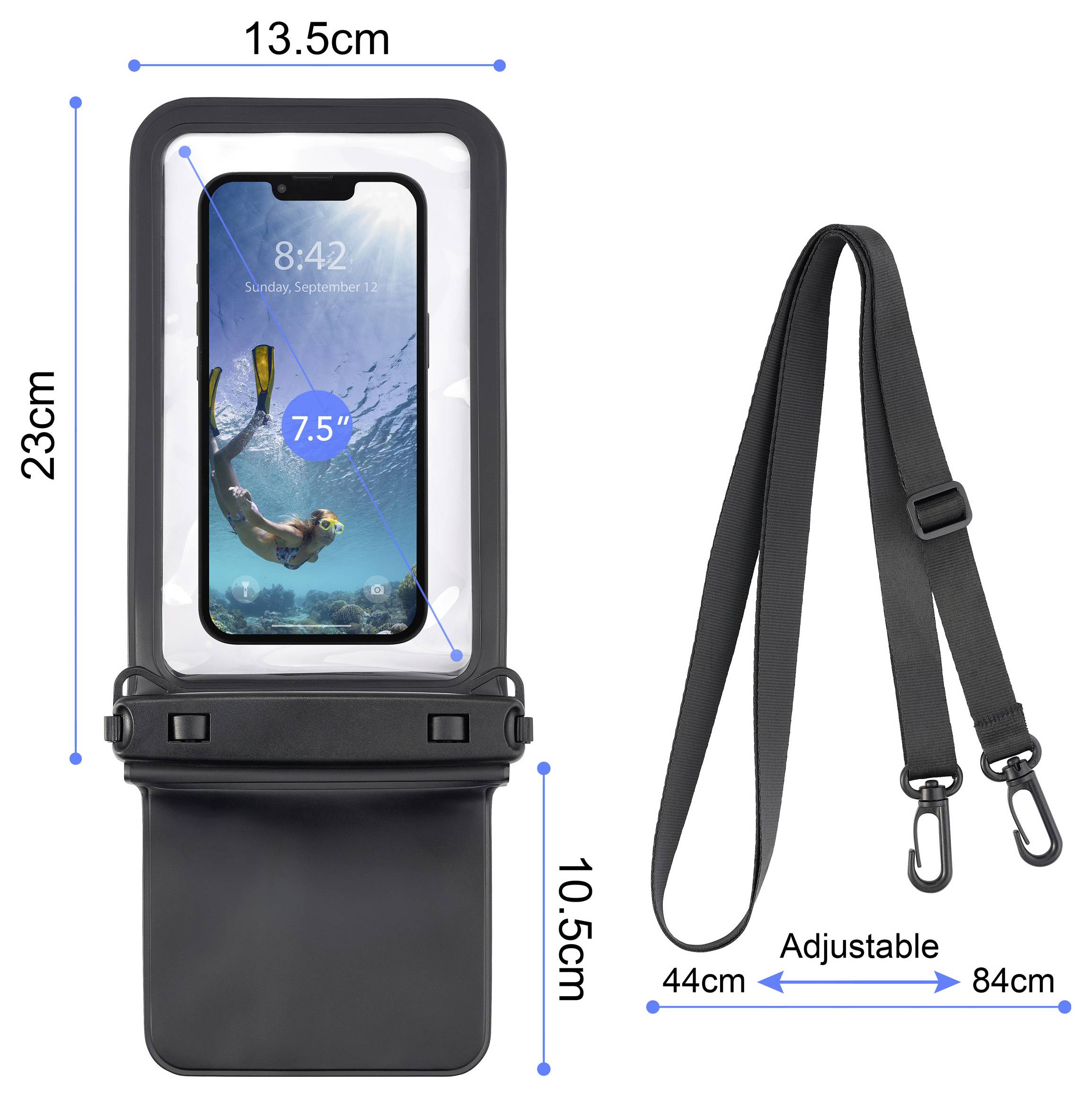 Wasserdichte Handyhülle Abmessungen: 13,5 cm x 23 cm, passt für Geräte bis zu 7,5