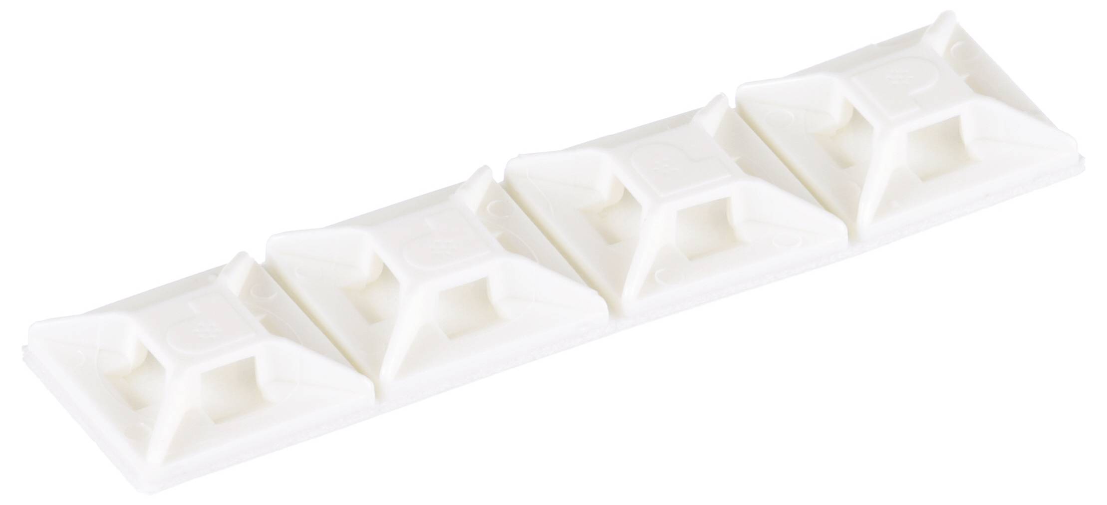 Vier weiße Kabelklemmen aus Klebematerial, nebeneinander angeordnet, wobei jede wie eine flache Pyramide geformt ist und einen Schlitz zum Befestigen eines Kabelbinders aufweist.