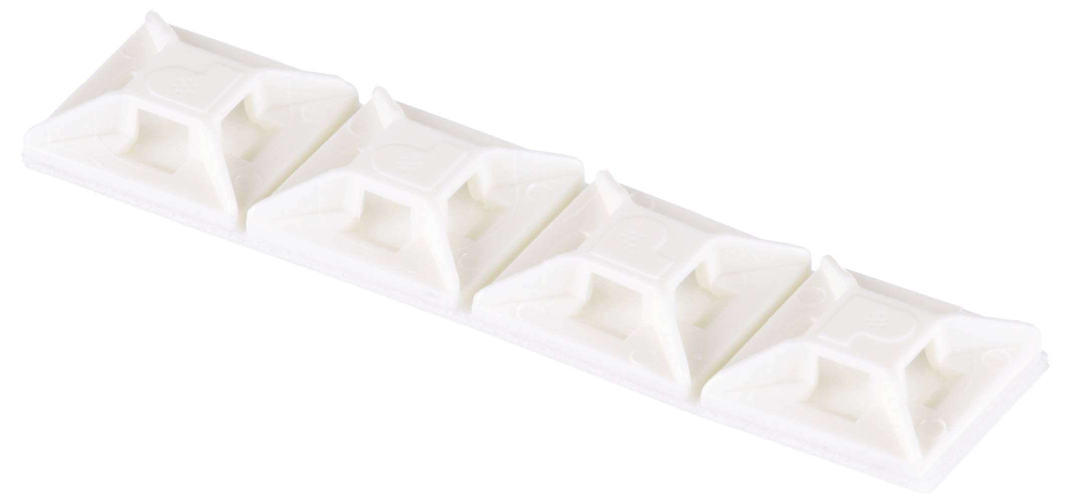 Weiße Plastik-Kabelklemmen mit Klebefunktion, in einer Reihe von vier angeordnet, zum Befestigen von Kabeln an Oberflächen.