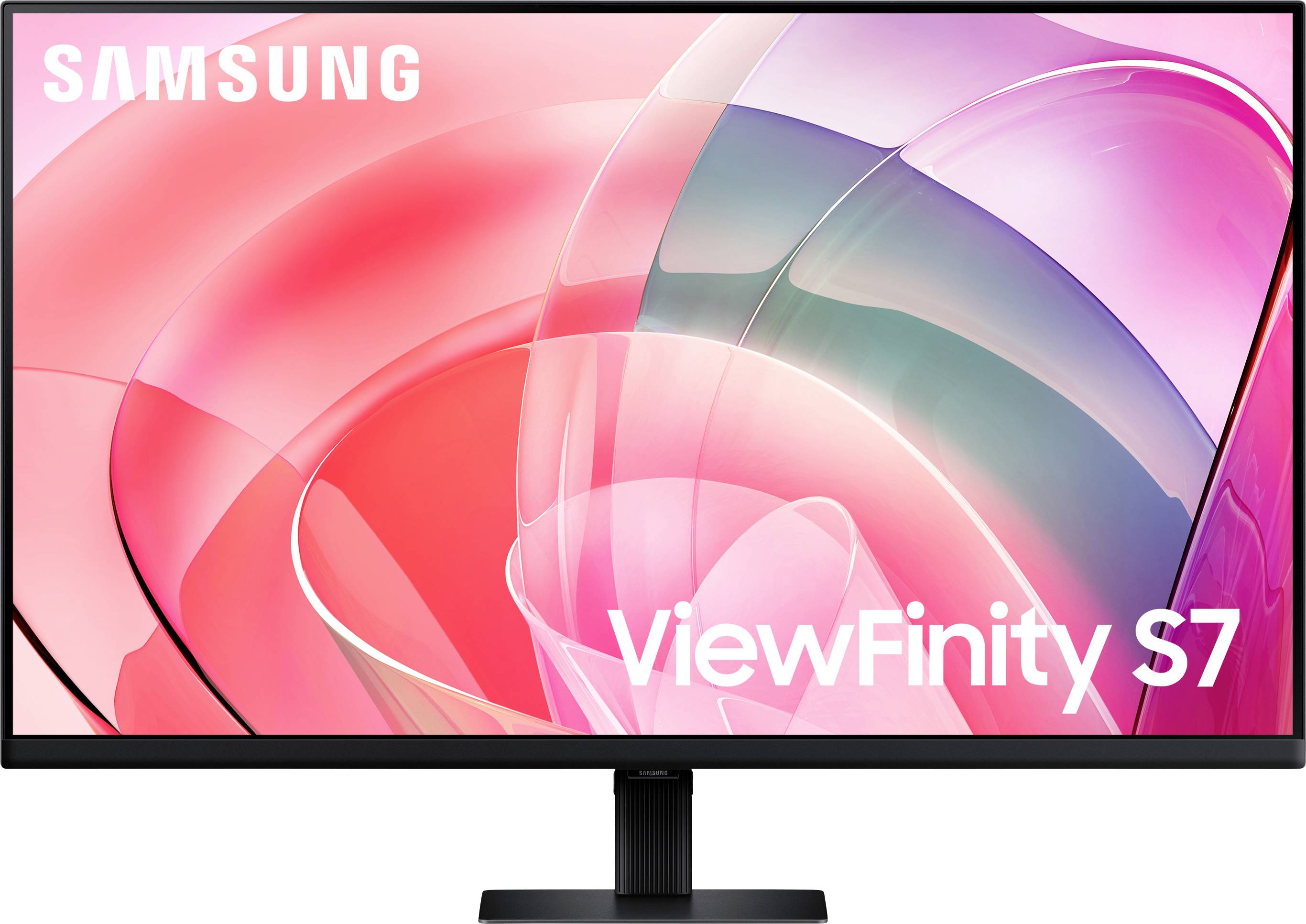 Samsung ViewFinity S7 Monitor, der ein digitales Kunstdesign mit rosa und violetten abstrakten Formen zeigt.