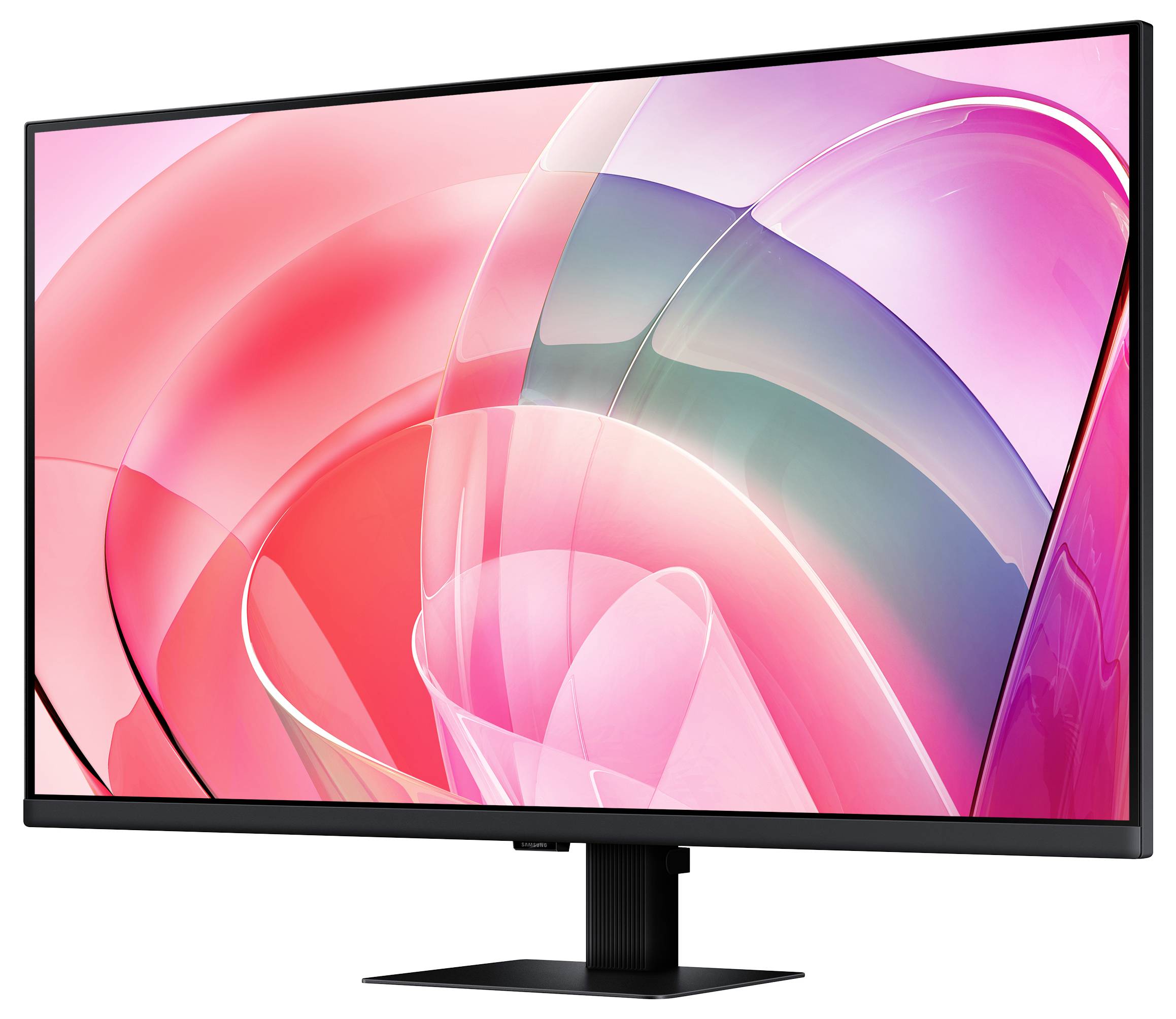 Ein schlanker, moderner Computermonitor, der ein lebendiges, abstraktes digitales Kunstdesign in Pink und Lila auf seinem Bildschirm zeigt.