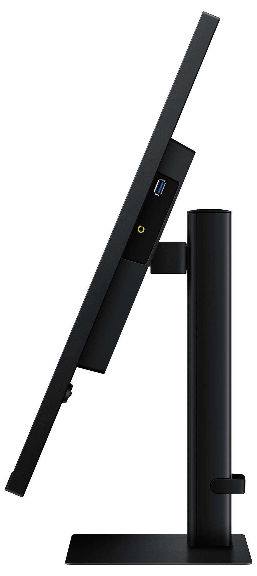 Eine Seitenansicht eines Computermonitors mit einem schmalen schwarzen Rahmen auf einem Ständer, der USB- und Audioports an der linken Seite zeigt.