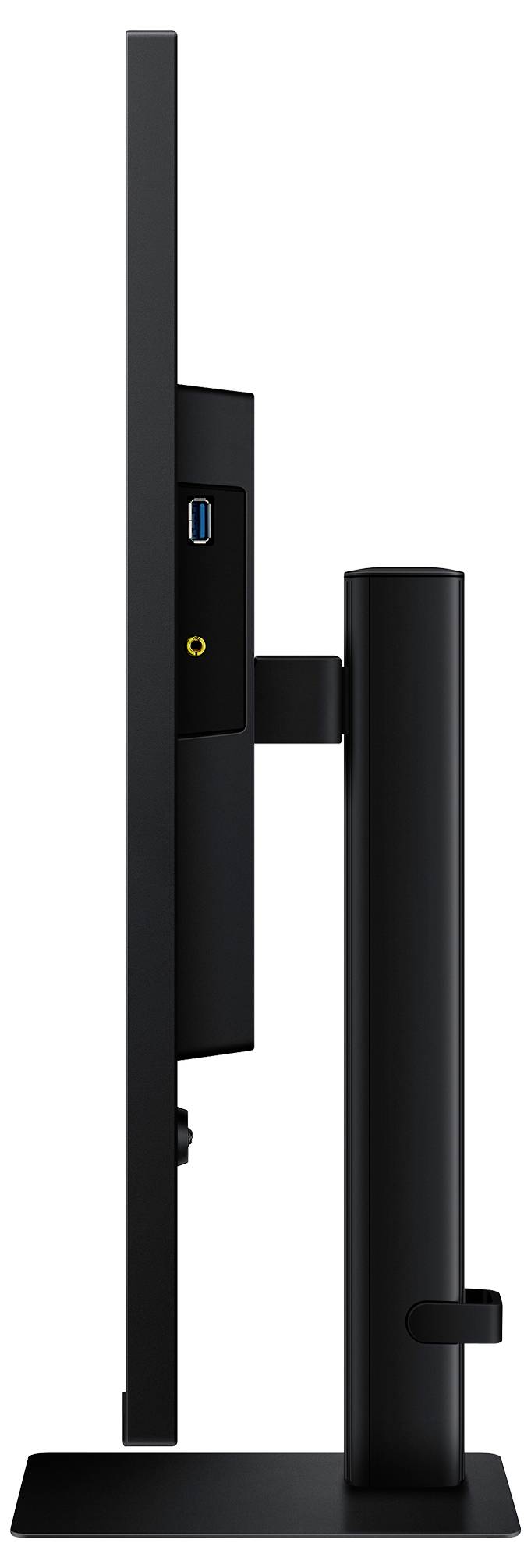 Seitenansicht eines dünnen schwarzen Computermonitors auf einem Ständer, der sein schlankes Design mit USB- und Audioports auf dem Rückpanel präsentiert.