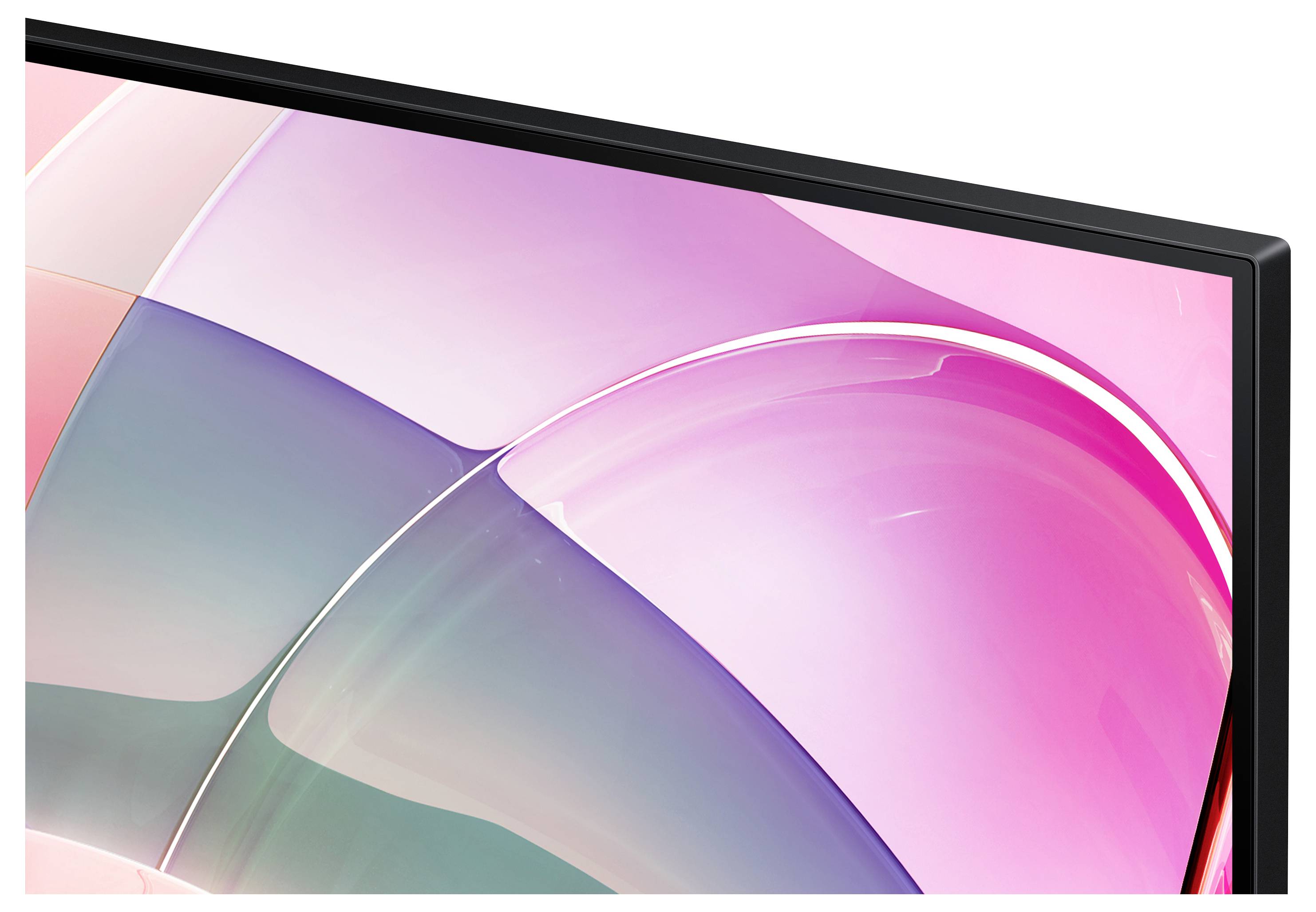 Ein glänzender Bildschirm, der abstrakte rosa und lila geschwungene Formen mit einem schwarzen Rahmen am Rand zeigt, ähnlich einem modernen Computermonitor.