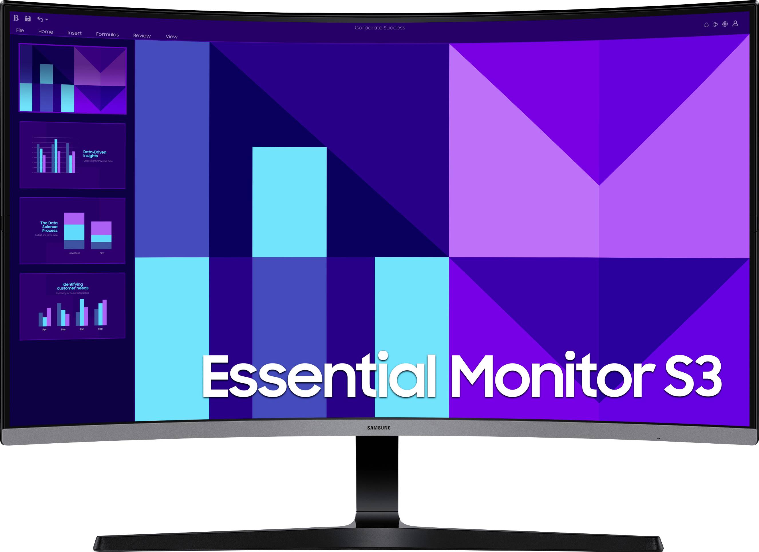 Ein gekrümmter Monitor zeigt verschiedene violette und blaue geometrische Muster mit dem Text „Essential Monitor S3