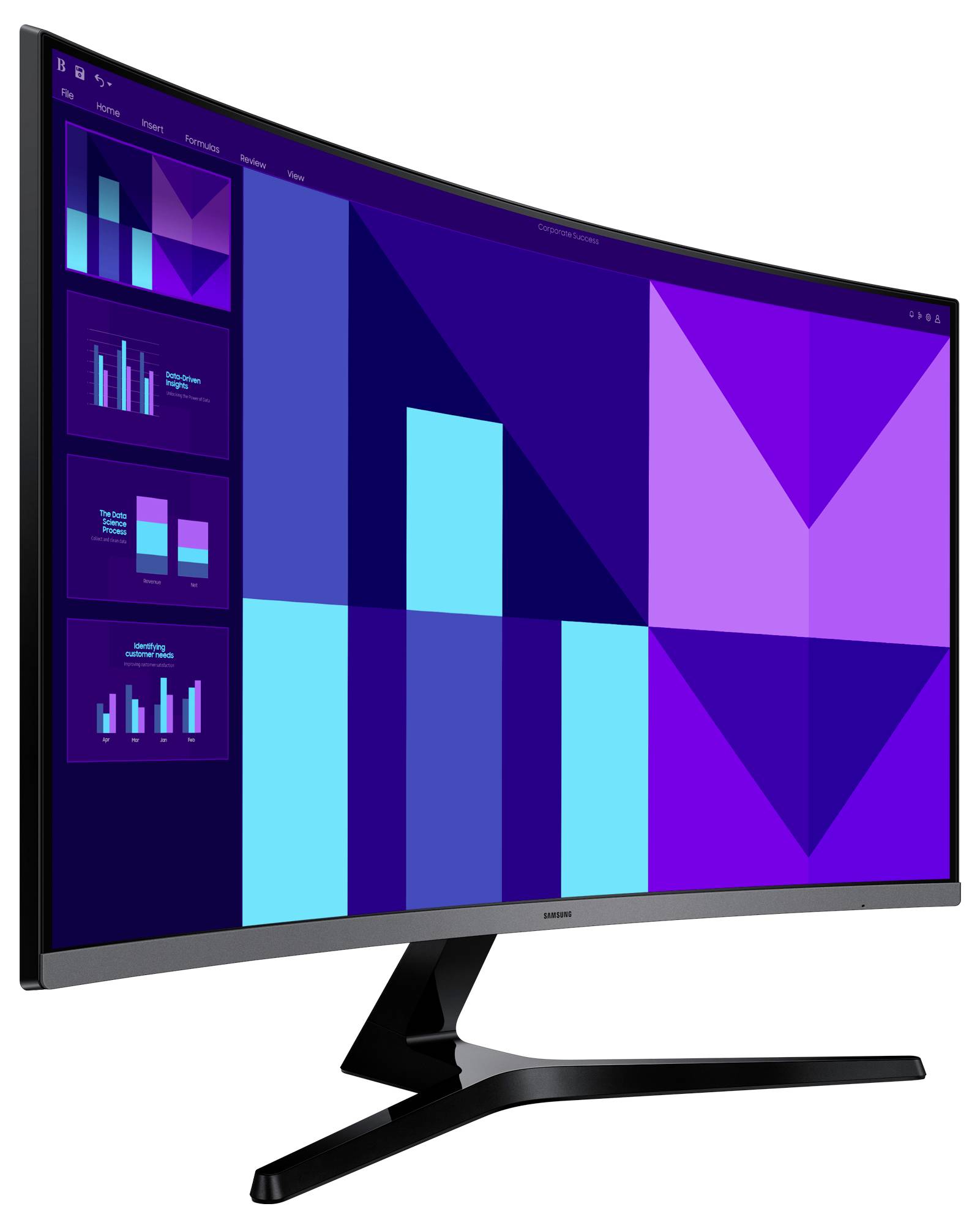 Ein gekrümmter Monitor zeigt verschiedene blaue und lila Balkendiagramme und geometrische Formen, die eine Datenanalyse oder Geschäftspräsentation auf dem Bildschirm simulieren.