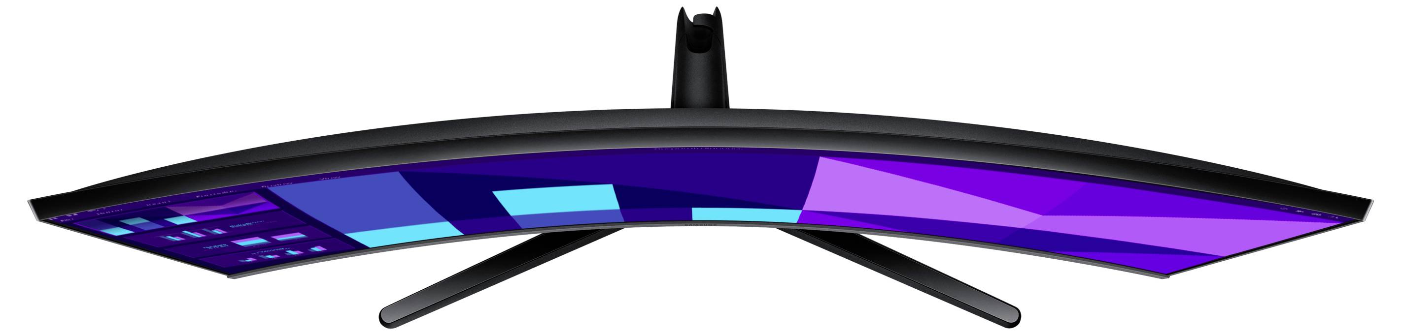 Draufsicht eines gebogenen Breitbildmonitors, der geometrische blaue und lila Formen auf dem Bildschirm zeigt, gestützt von einem schlanken Ständer.