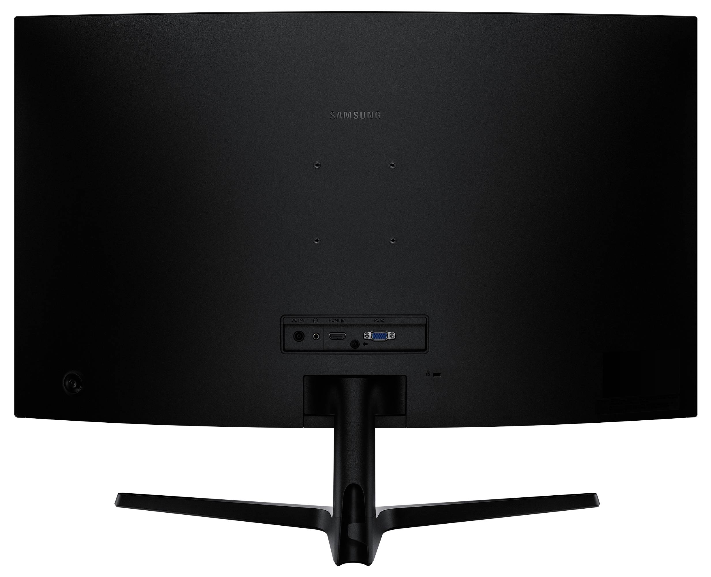 Die Rückseite eines gebogenen Monitors mit Ständer, ausgestattet mit Stromanschluss und VGA-Anschluss, konzipiert für den Desktopgebrauch.