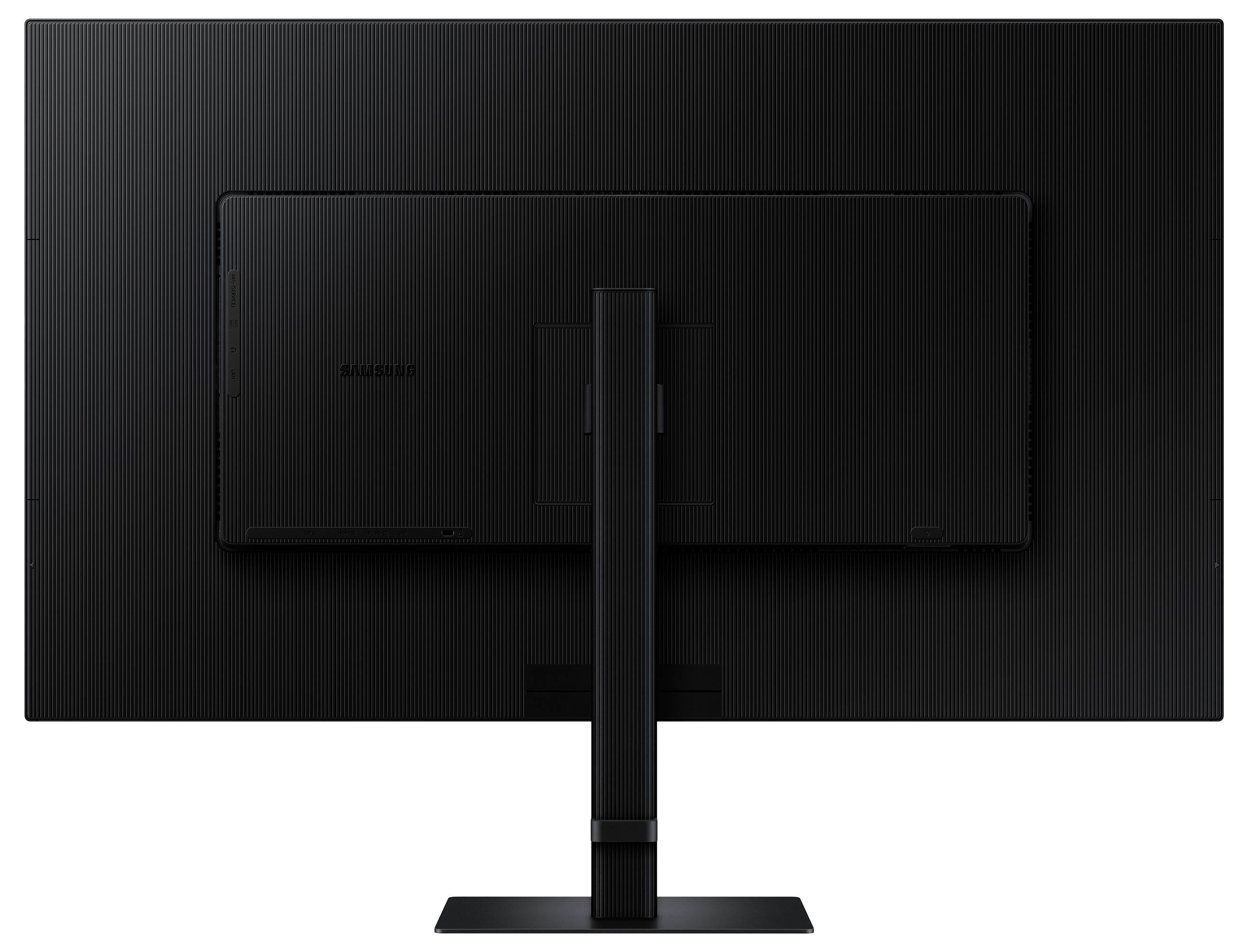 Ein schwarzer Breitbild-Monitor mit Ständer, von hinten gesehen, vor einem einfarbigen Hintergrund.