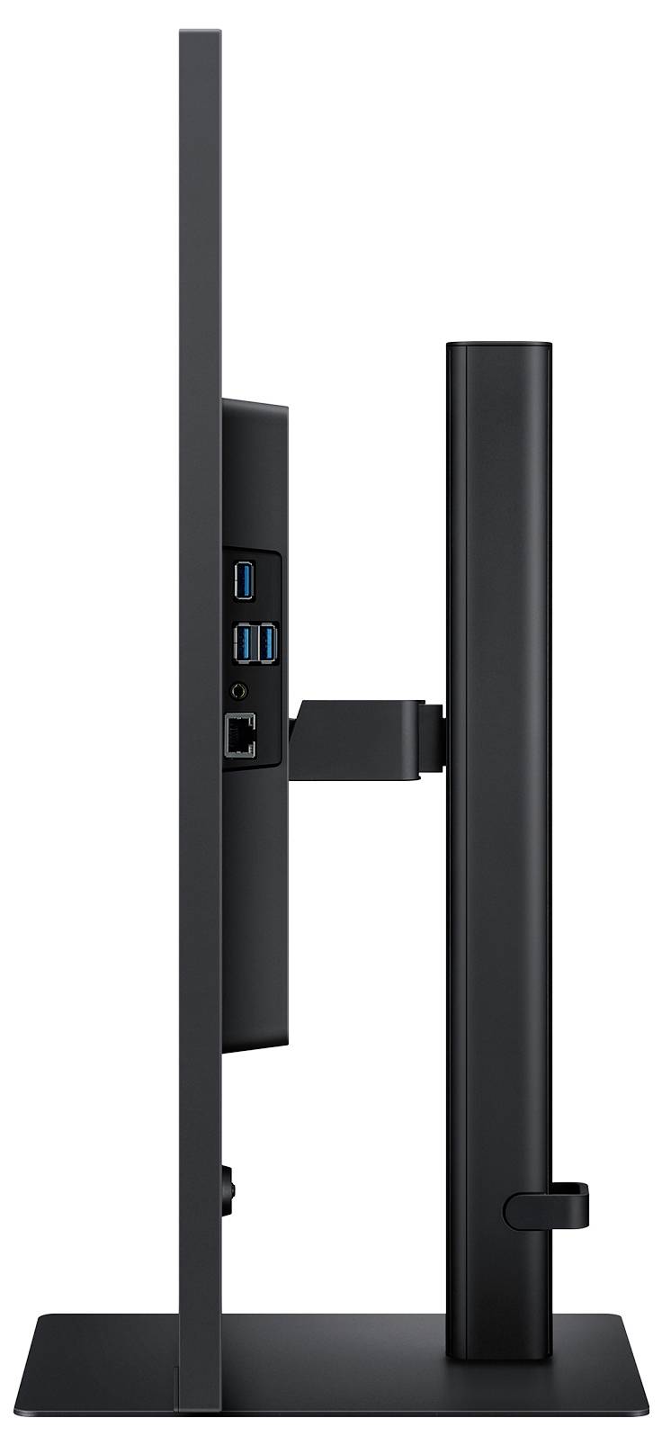 Seitenansicht eines dünnen, modernen Computermonitors, der sein schlankes Profil, den verstellbaren Ständer und die verschiedenen Anschlüsse auf der Rückseite zeigt.
