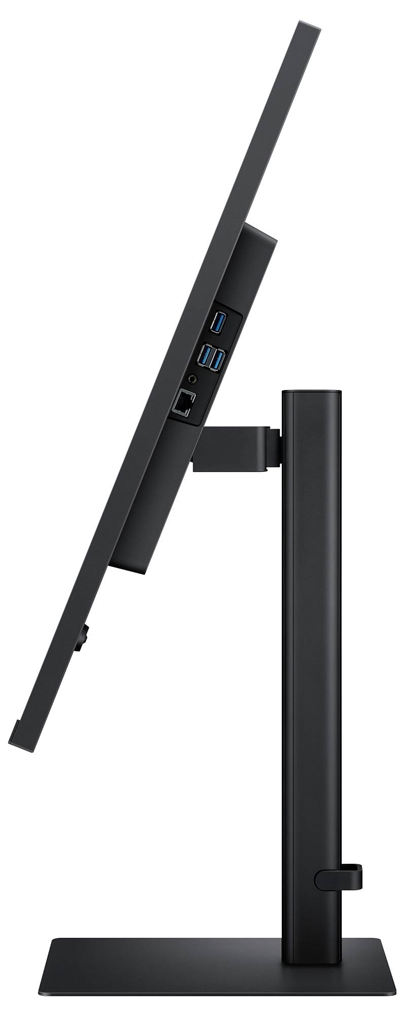 Ein Seitenprofil eines schlanken Computermonitors auf einem Ständer, der mehrere USB-Anschlüsse und einen Ethernet-Anschluss auf der Rückseite präsentiert.
