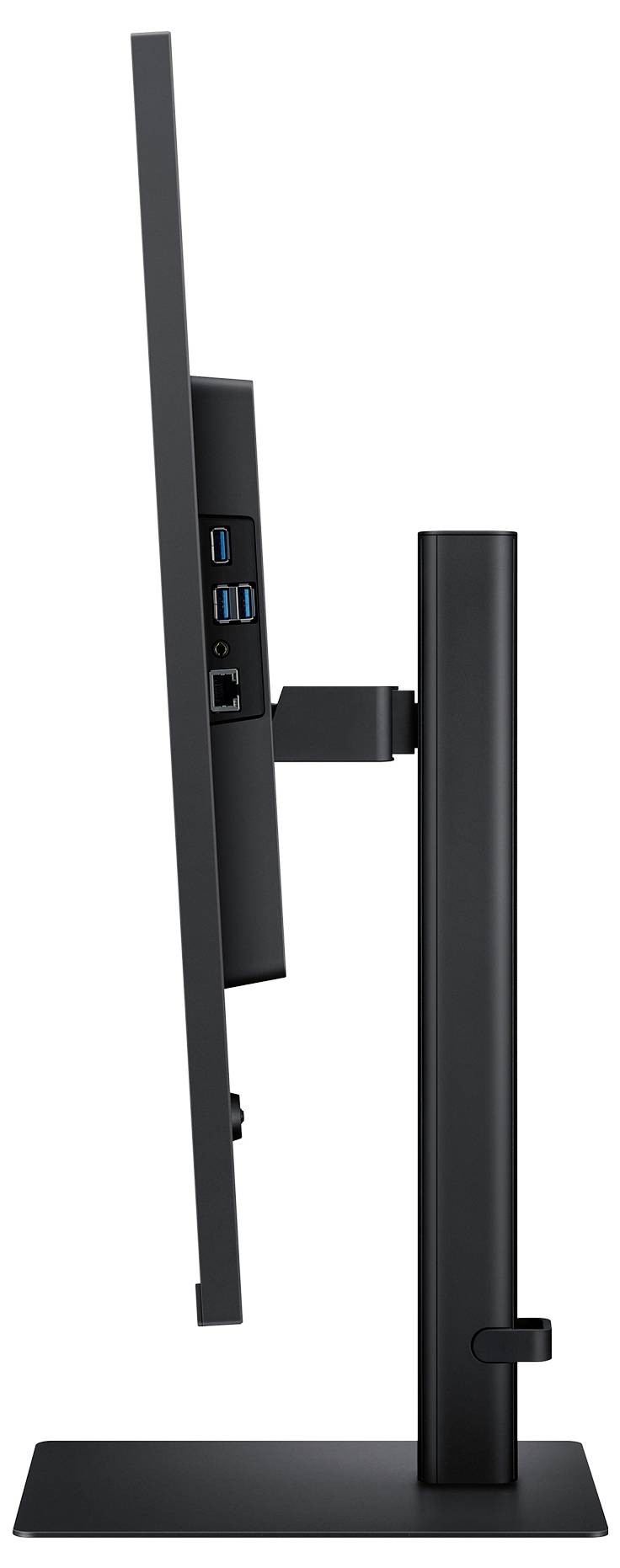 Eine Seitenansicht eines schlanken, modernen Computermonitors mit dünnem Profil auf einem Ständer. Mehrere USB- und Ethernet-Anschlüsse sind auf der Rückseite sichtbar.