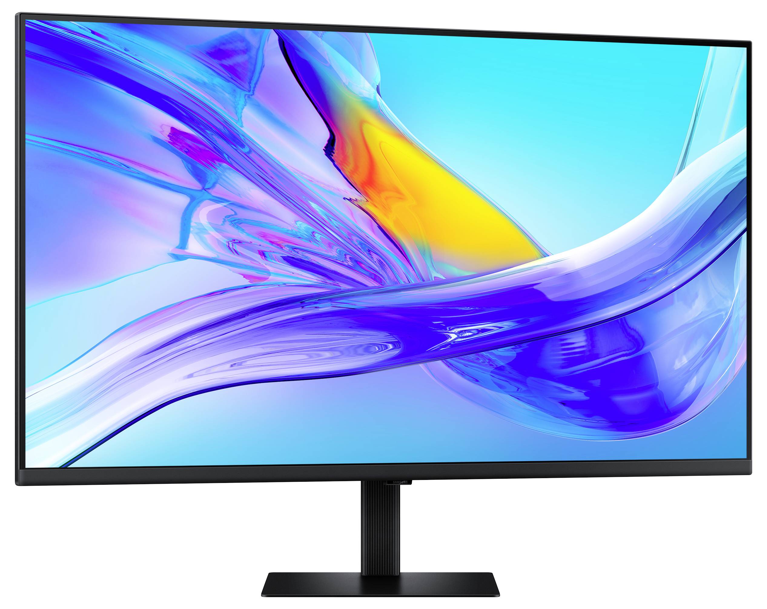 Ein Computermonitor, der ein abstraktes, farbenfrohes Design mit leuchtenden Blau- und Orangetönen zeigt und die Klarheit und Lebendigkeit des Bildschirms präsentiert.