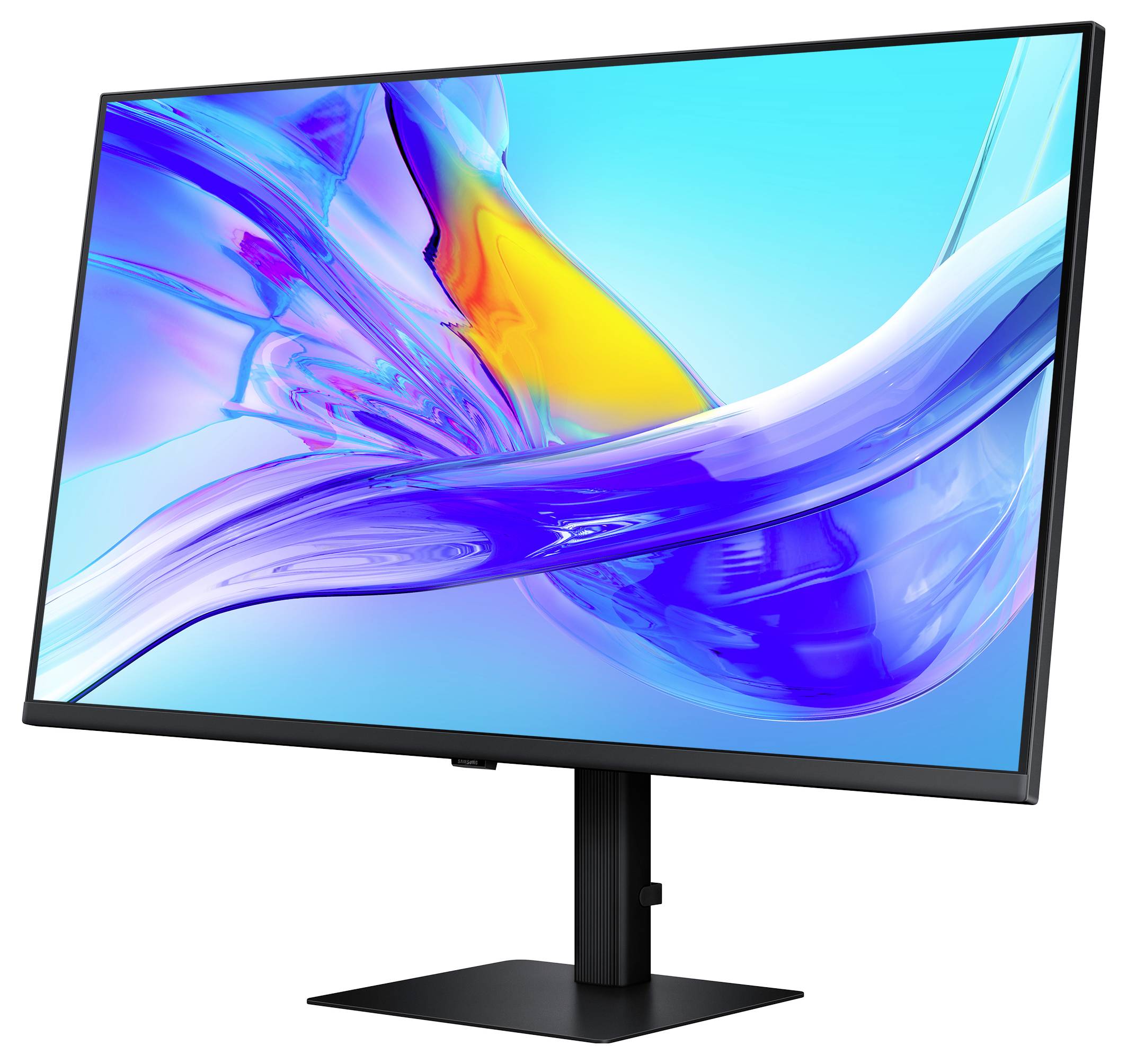 Ein schlanker Computermonitor, der ein lebendiges abstraktes Bild mit Blau-, Lila- und Gelbtönen zeigt. Der Monitor steht auf einem schwarzen Ständer.