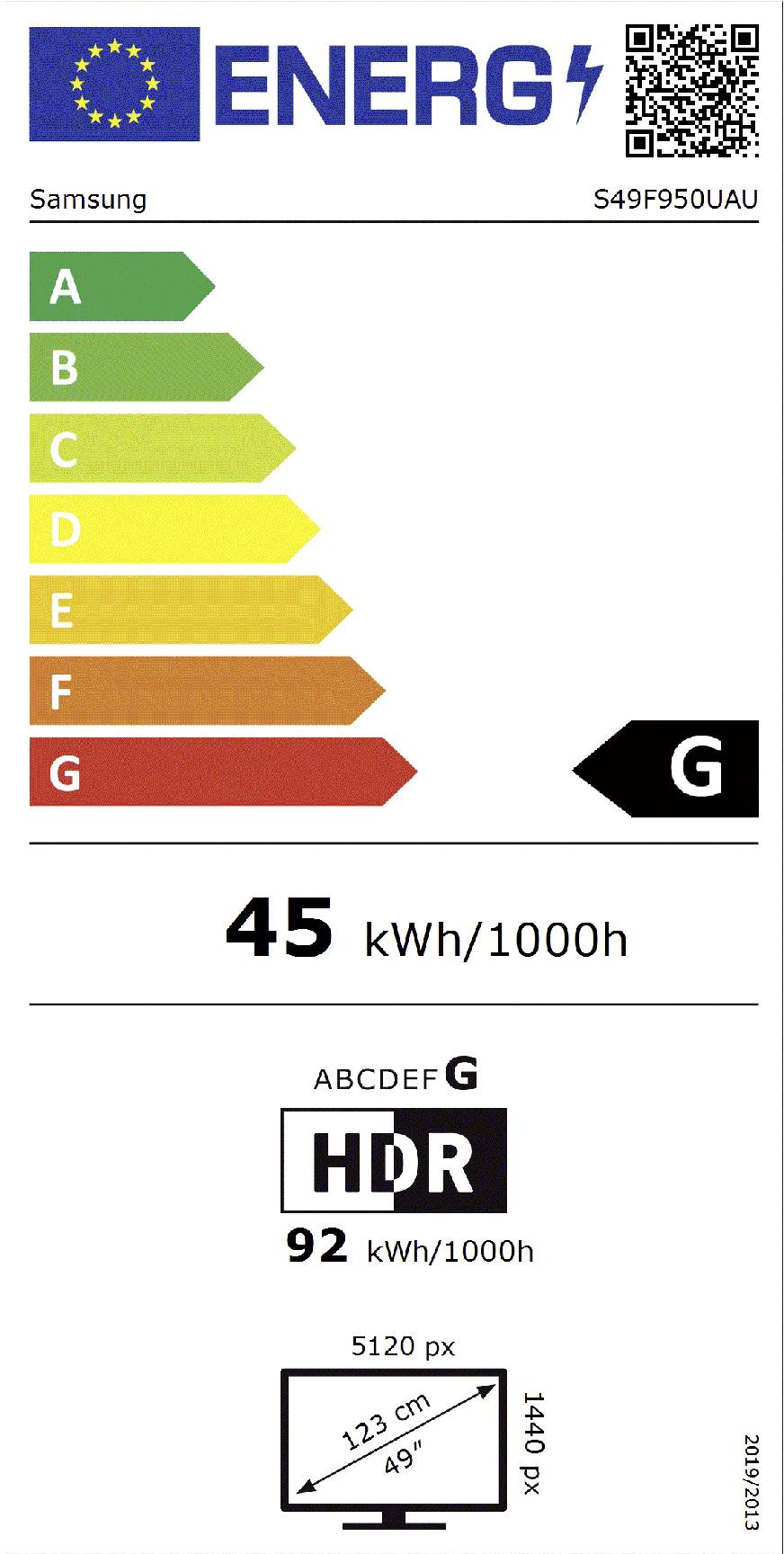'ENERGIE'-Etikett für einen Samsung S49F950AU Monitor mit Bewertung 'G'. Stromverbrauch: 45 kWh/1000h. HDR-Verbrauch: 92 kWh/1000h. Größe: 123 cm, 49