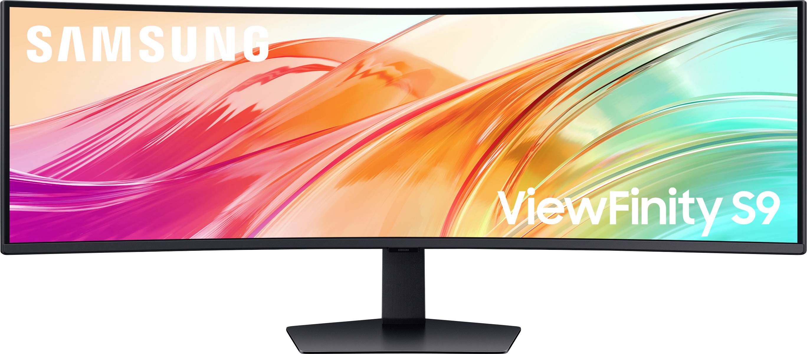 Ein großer, gebogener Samsung ViewFinity S9 Monitor mit einem lebhaften, abstrakten Hintergrund mit orangefarbenen und petrolblauen Wirbeln.