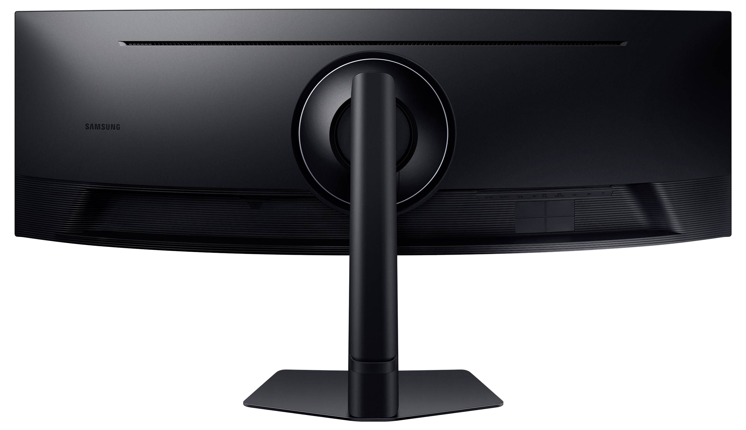 Die Rückansicht eines breiten, schwarzen Computermonitors, der seinen Ständer und sein schlankes Design zeigt.