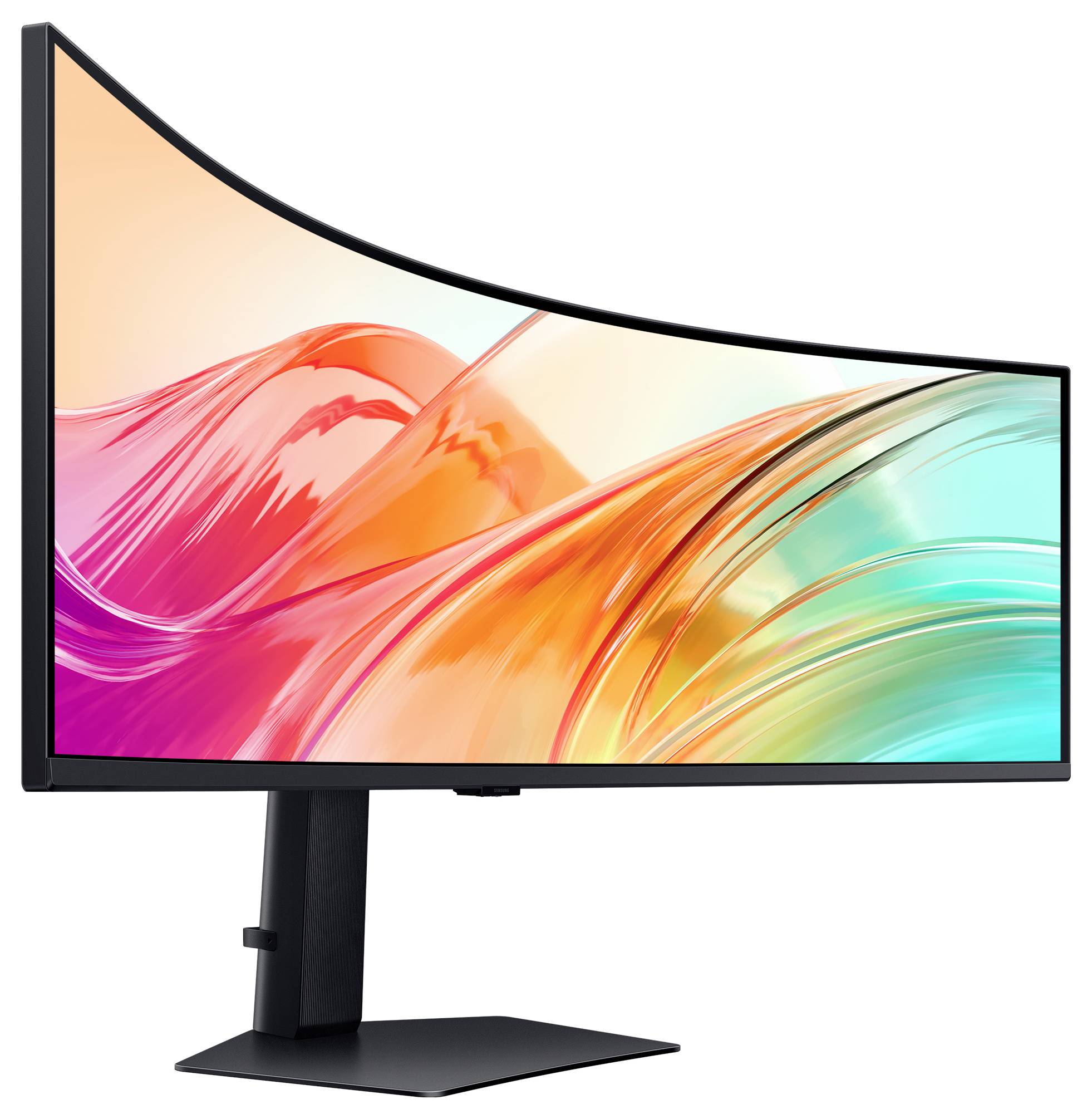 Ein gebogener Breitbildmonitor auf einem schwarzen Ständer, der ein lebendiges abstraktes Bild mit fließenden orange-, rosa- und petrolblauen Farben zeigt.