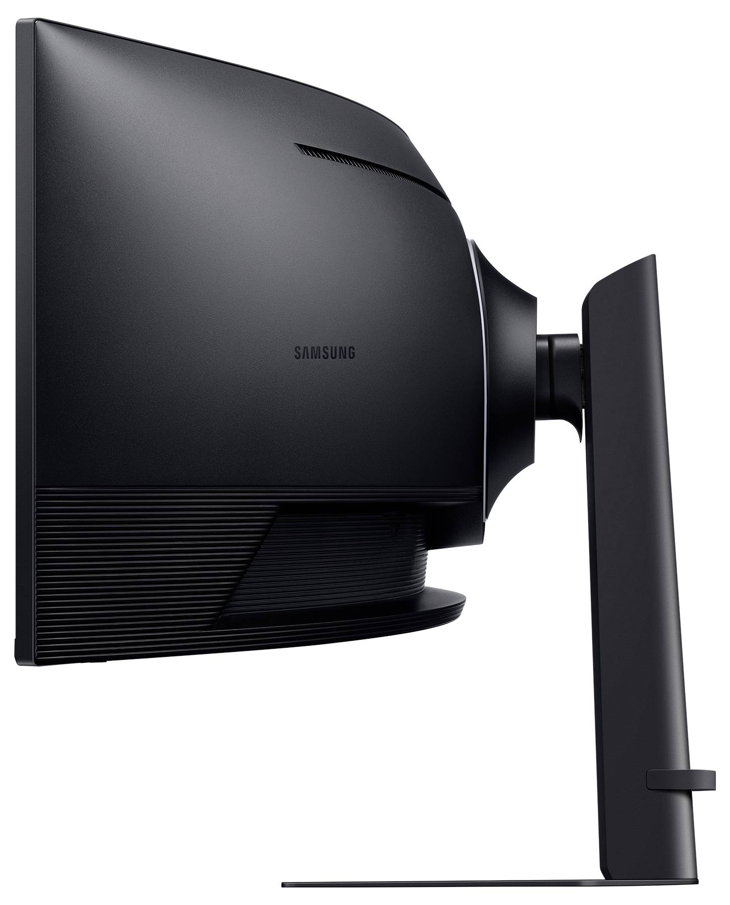 Eine Seitenansicht eines schlanken, schwarzen Samsung Curved-Monitors, die sein Profil und den Ständer zeigt.