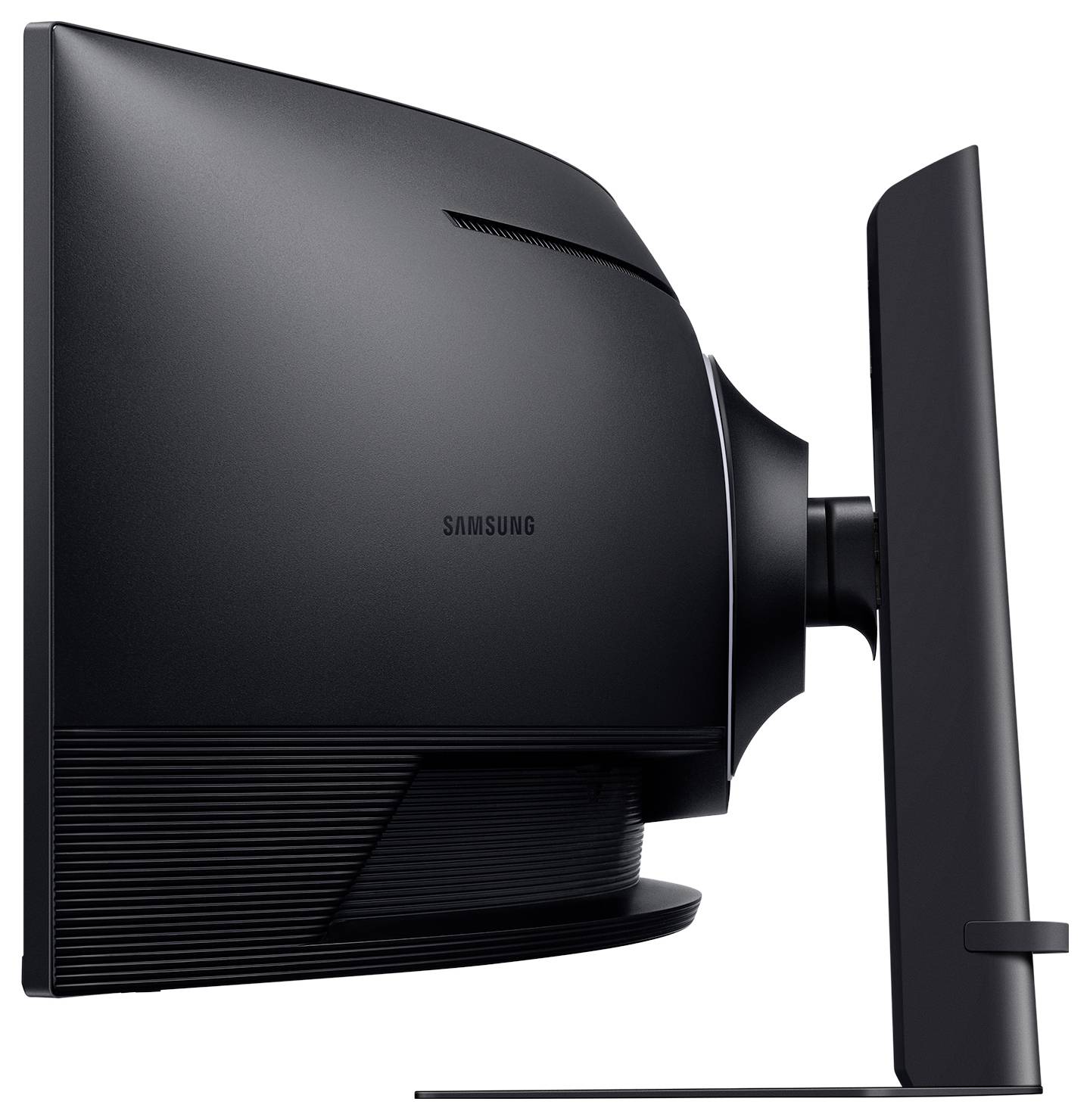 Seitenansicht eines schlanken, schwarzen Samsung Curved-Computermonitors auf einem Ständer, der sein dünnes Profil und modernes Design präsentiert.