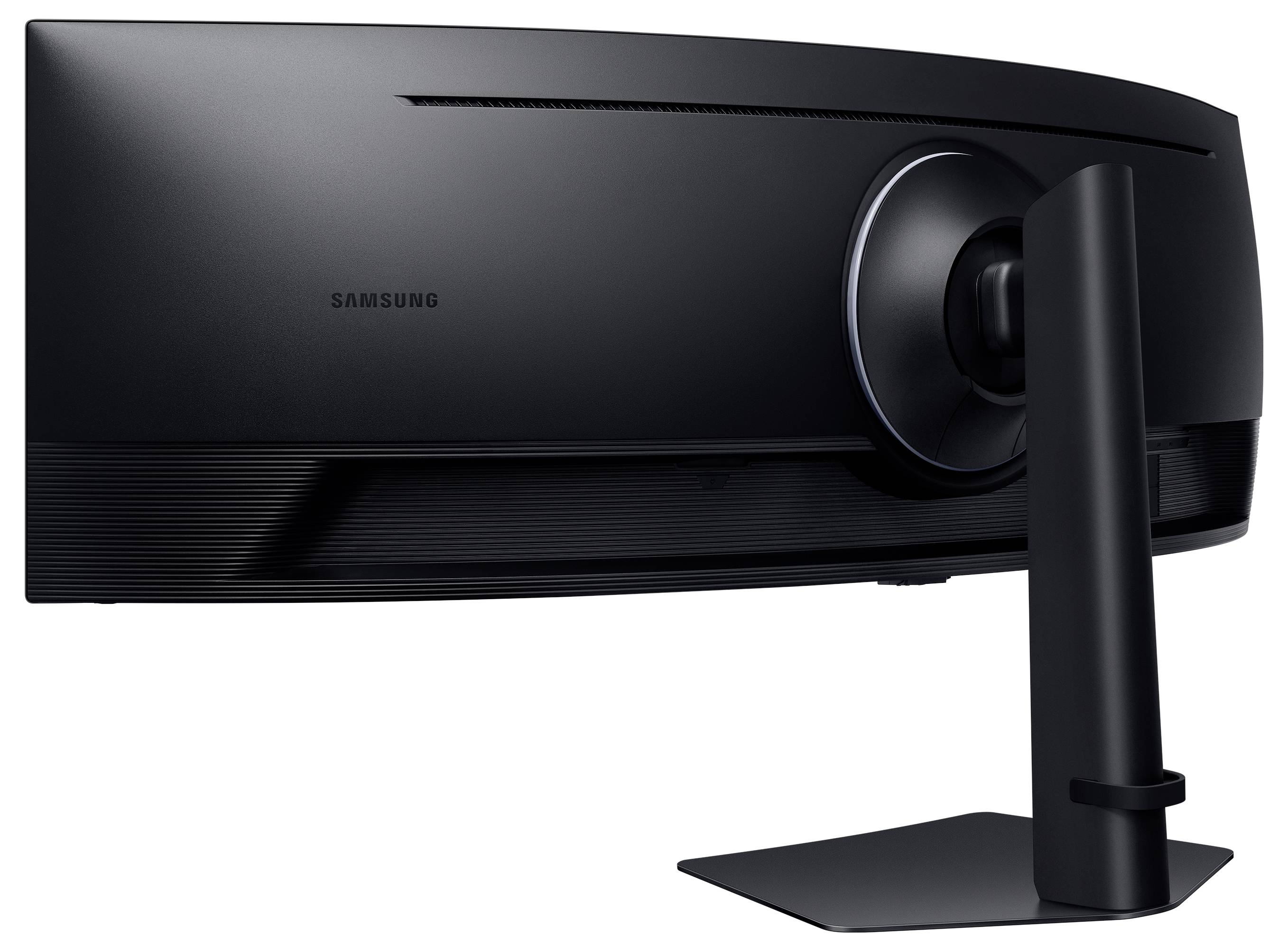 Ein Widescreen-Samsung-Monitor, von hinten betrachtet, mit einer eleganten geschwungenen Form und schwarzem Ständer.