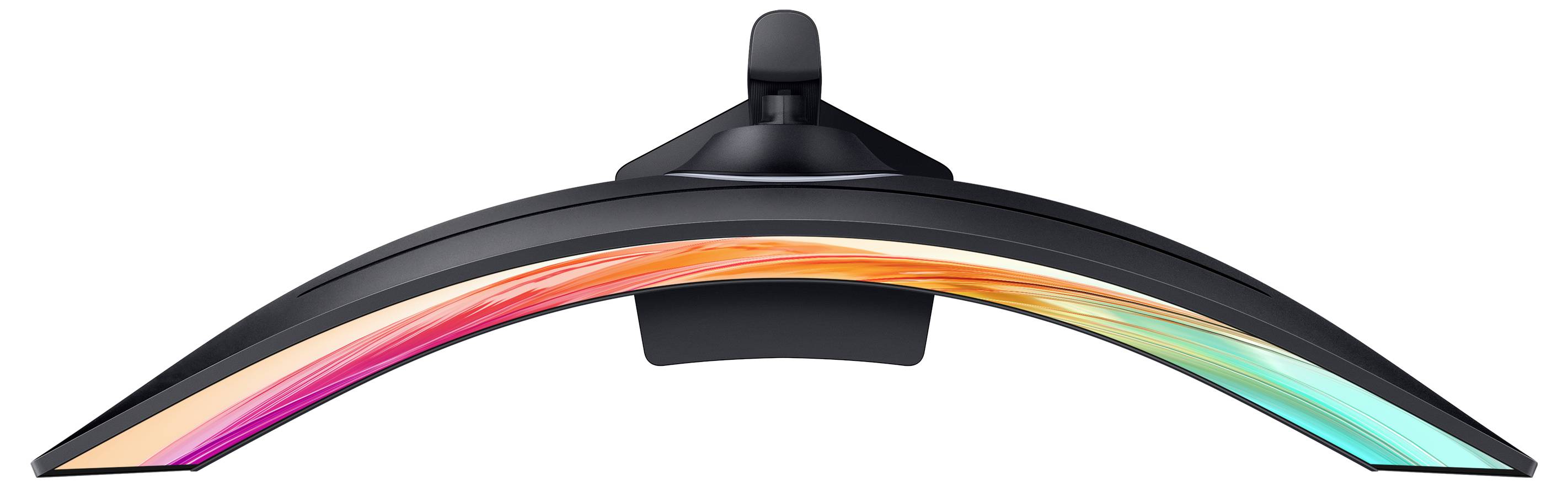 Ein gekrümmter Monitor, von oben betrachtet, zeigt ein farbenfroher Verlaufsgradient auf dem Bildschirm, während ein schlanker, schwarzer Ständer im Hintergrund sichtbar ist.