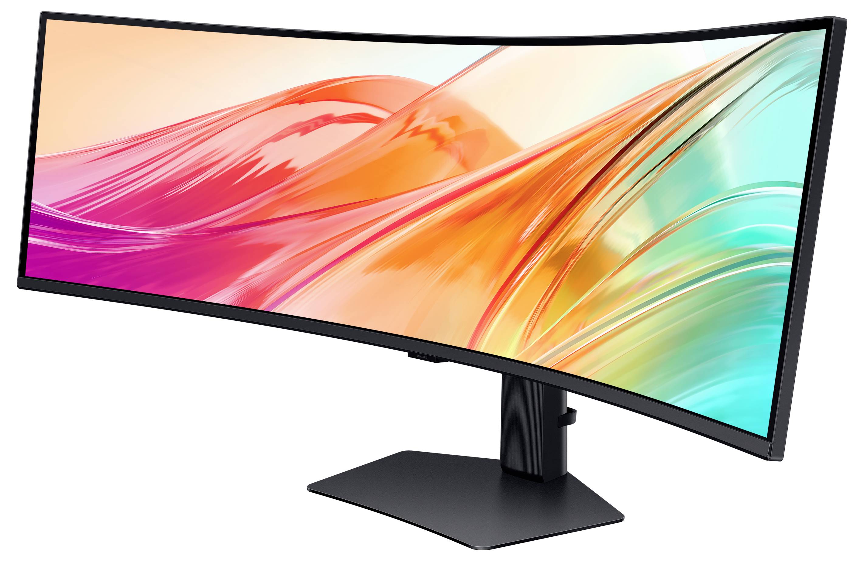 Ein breiter, gebogener Computerbildschirm mit lebendigen abstrakten Farben in Rosa, Orange und Türkis, die auf dem Bildschirm dargestellt werden.