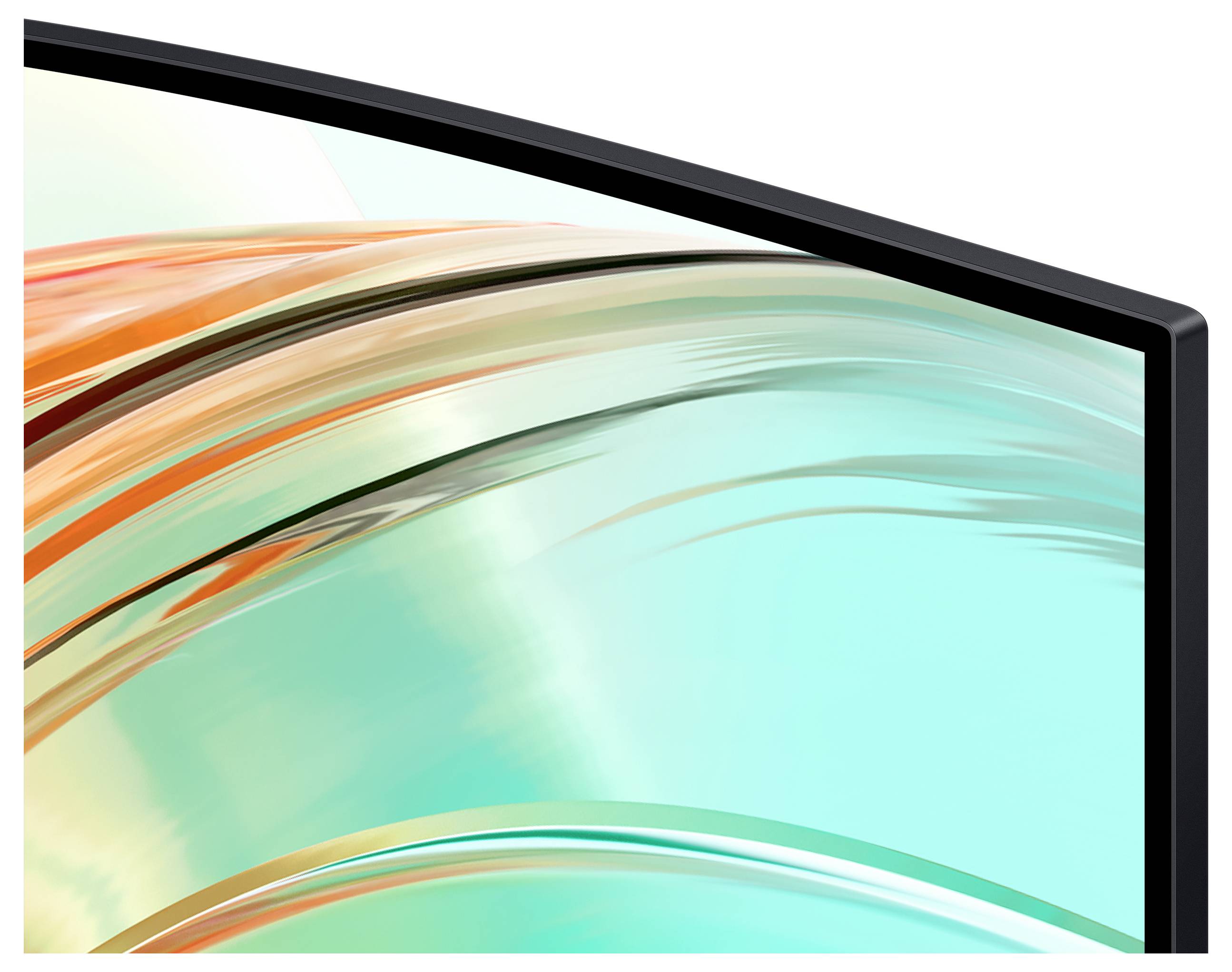 Gebogene Bildschirmecke mit abstrakten, bunten Wellenmustern in Orange- und Petrolfarben, die ein modernes digitales Technologiedesign repräsentieren.