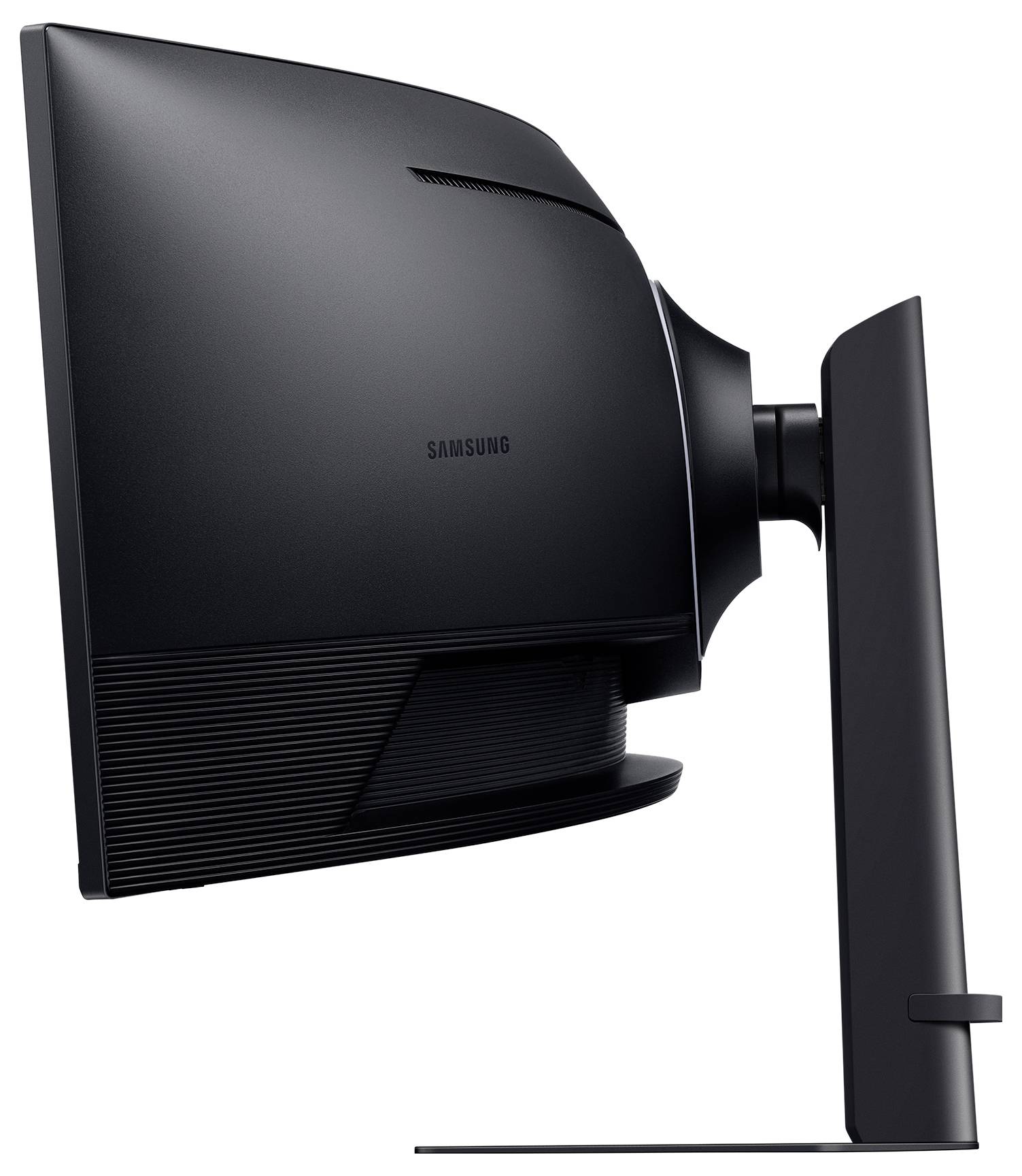 Seitenansicht eines schlanken, schwarzen Samsung-Monitors, der sein gekrümmtes Design, den stabilen Ständer und die moderne Ästhetik für einen Arbeitsplatz präsentiert.