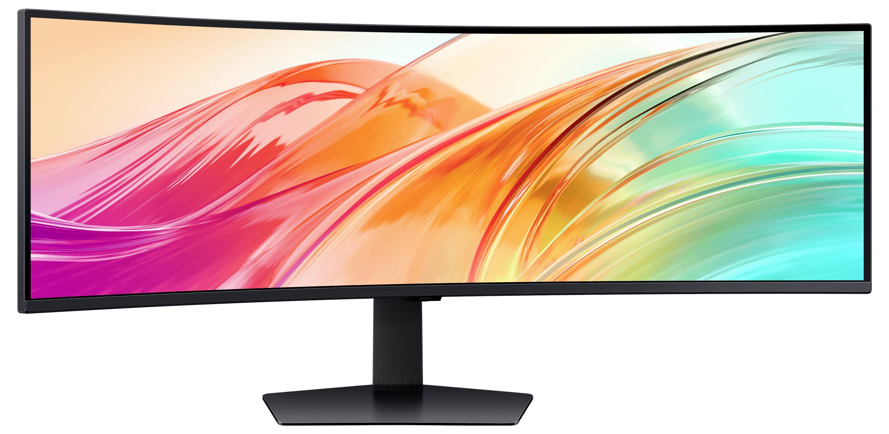 Ein breiter, gebogener Computerbildschirm, der eine lebendige, abstrakte Wirbelbewegung in Pink, Orange und Petrol auf dem Bildschirm zeigt.