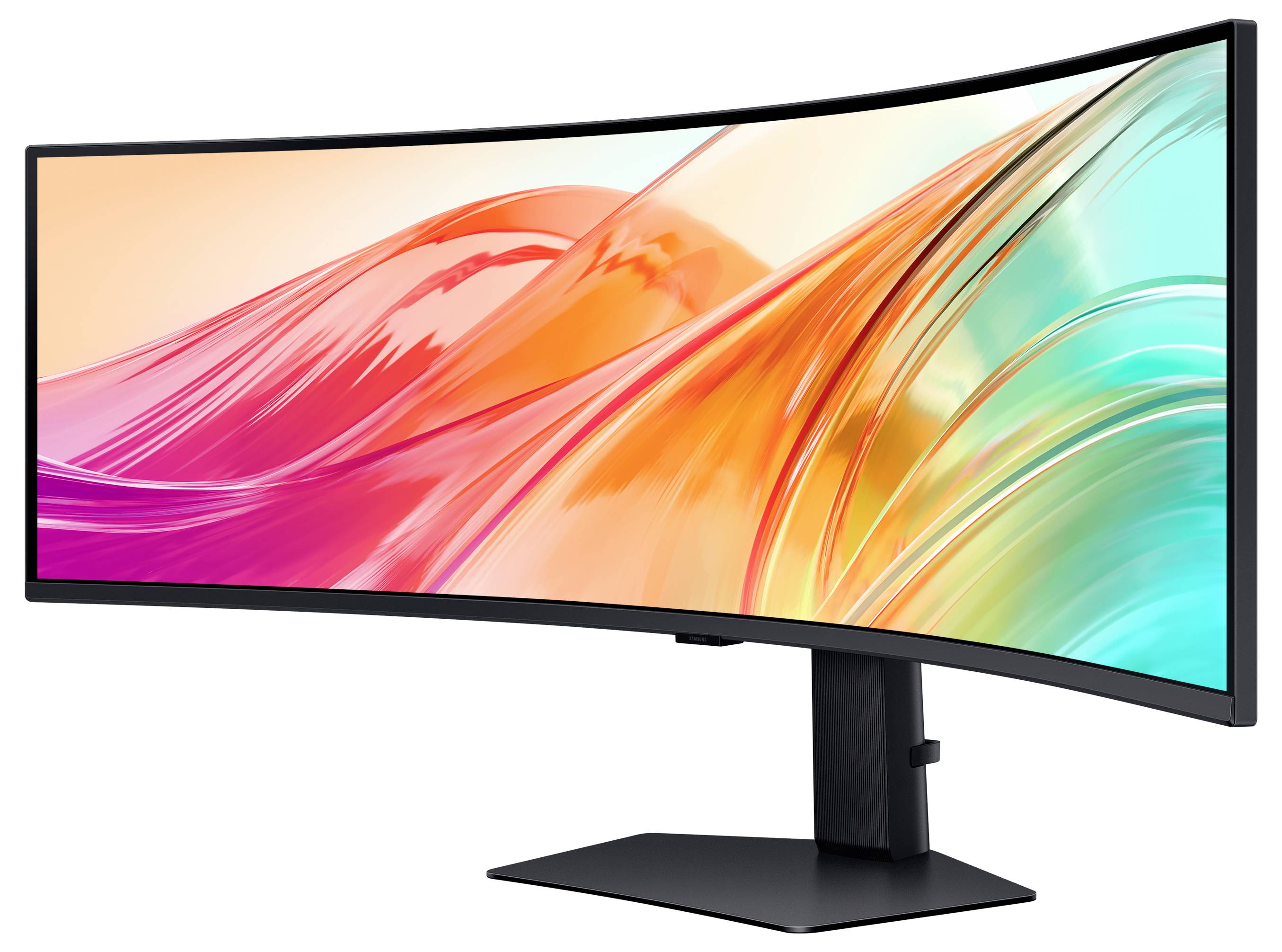 Ein breiter, gebogener Monitor, der ein lebendiges, abstraktes Muster aus rosa, orange und petrolblauen Wirbeln zeigt, symbolisiert moderne Technologie und Design.