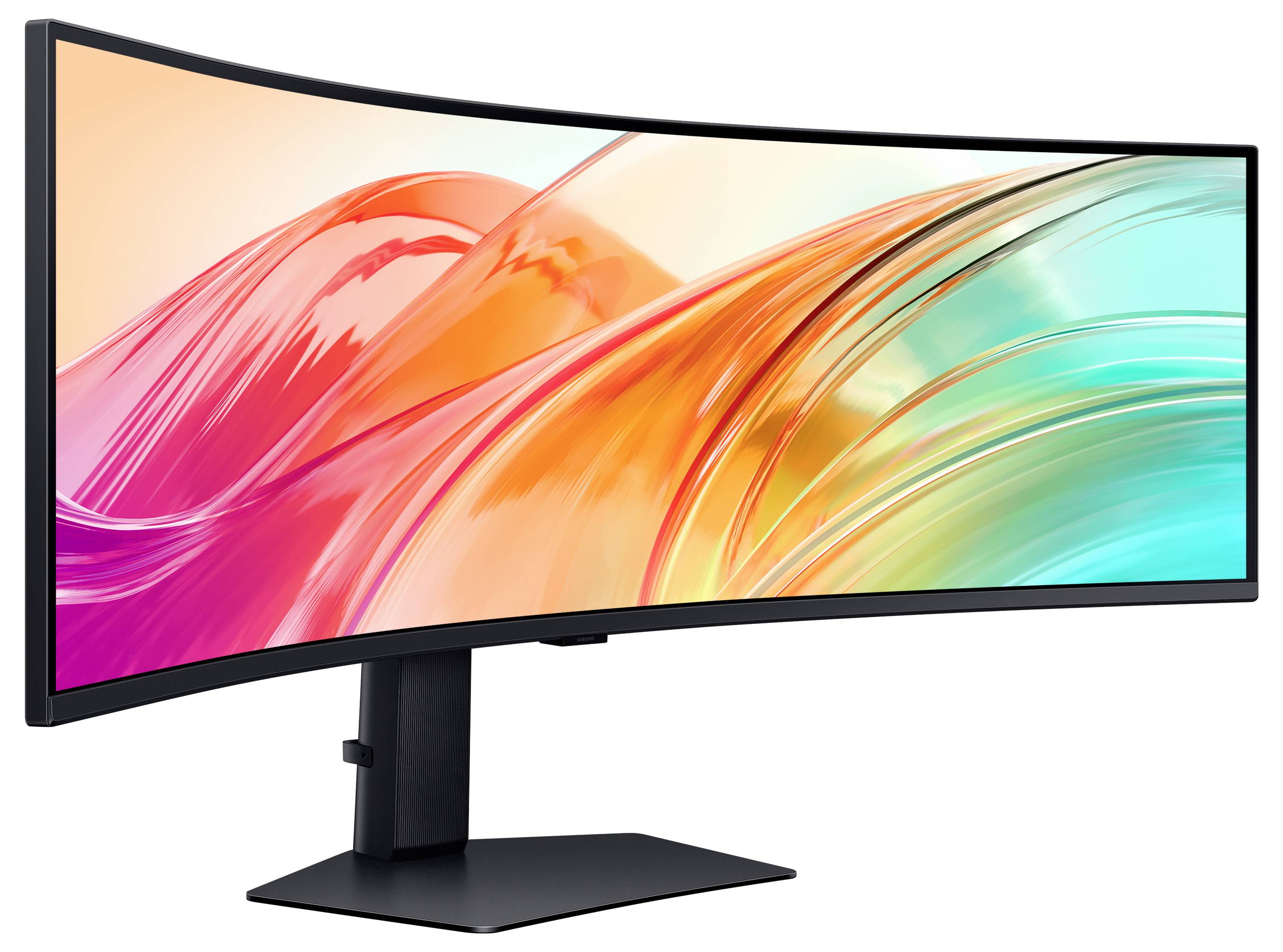 Ein gebogener Breitbildmonitor mit lebendigen abstrakten Wirbeln in Pink, Orange und Petrol auf dem Display, aufgestellt auf einem schlanken, schwarzen Ständer.