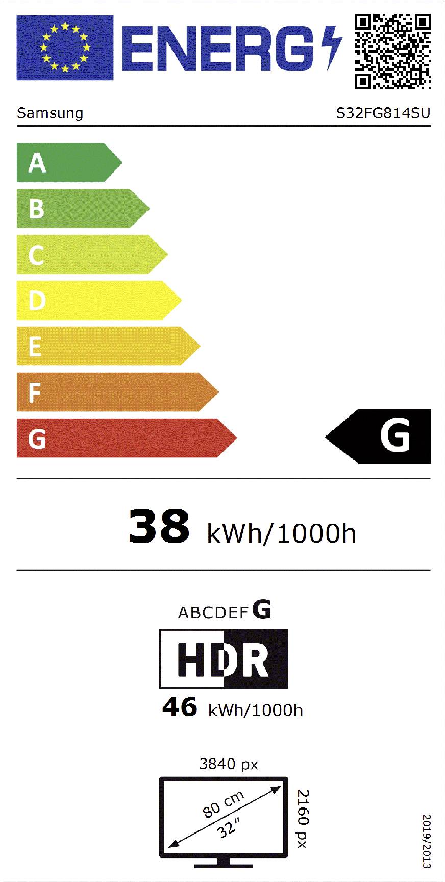 Energielabel für Samsung S32FG8145U Monitor zeigt Effizienzklasse G, mit einem Verbrauch von 38 kWh/1000h. Der Energieverbrauch bei HDR beträgt 46 kWh/1000h.