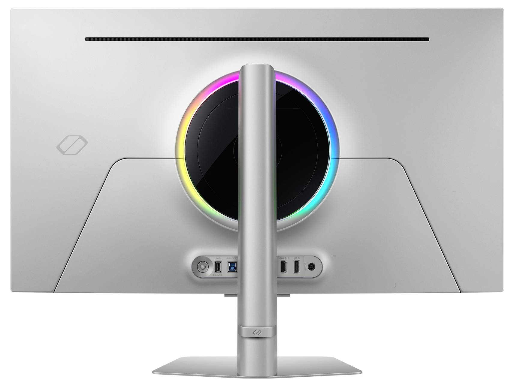 Ein Computermonitor von hinten betrachtet, mit einem kreisförmigen RGB-Beleuchtungsring und verschiedenen Anschlüssen darunter.