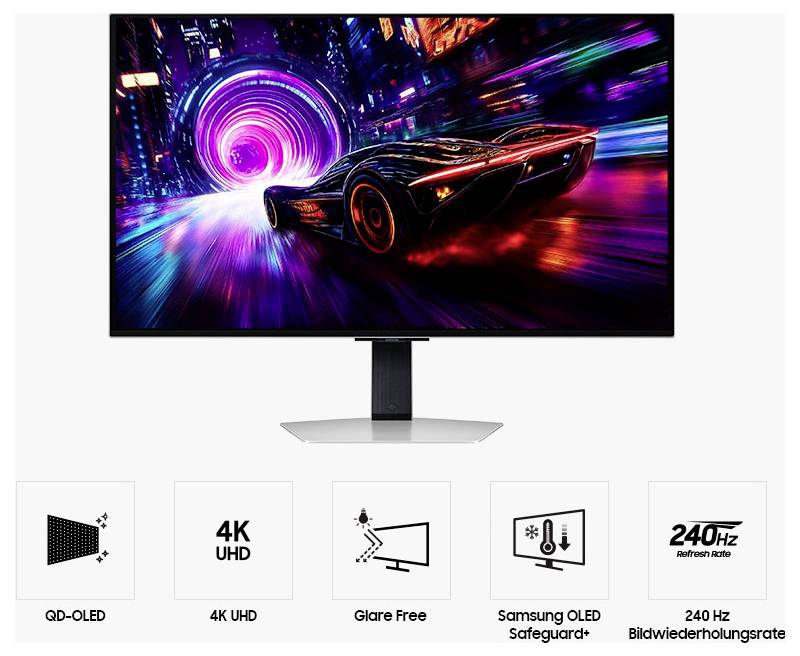 Ein schlankes Auto rast durch eine futuristische Neon-beleuchtete Stadt. Darunter sind Icons hervorgehoben: 'QD-OLED', '4K UHD', 'Blendungsfrei', 'Samsung OLED Schutz' und '240 Hz Bildwiederholrate'.