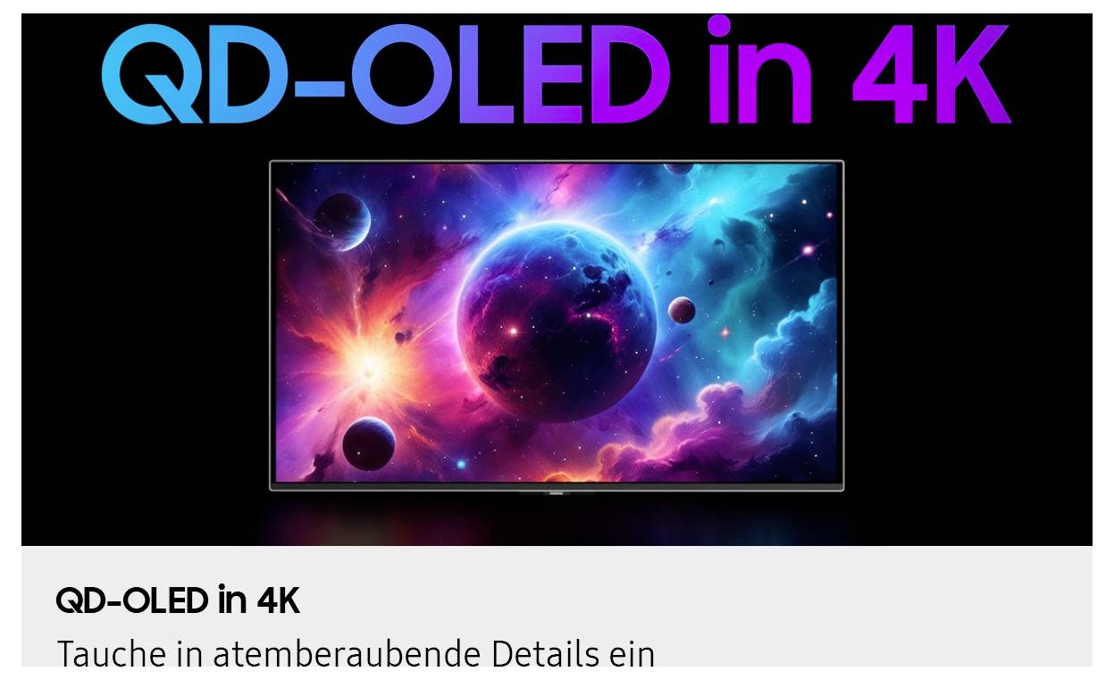 Ein lebendiges weltraumthematisches Bild auf einem 4K QD-OLED-Fernseherbildschirm, das Planeten und einen Nebel in kräftigen Farben präsentiert. Text: 'QD-OLED in 4K'.