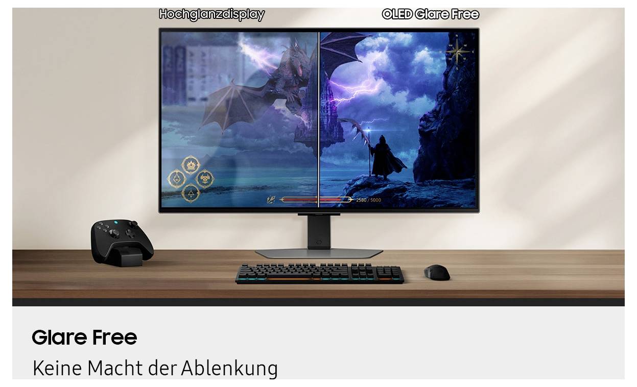 Ein Computermonitor zeigt ein Fantasy-Videospiel mit einem Drachen und einem Krieger. Text liest sich: 