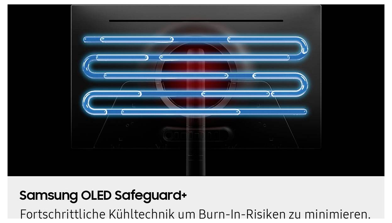 Die Abbildung 'Samsung OLED Safeguard+' zeigt fortschrittliche Kühlungstechnologie zur Minimierung von Burn-in-Risiken.