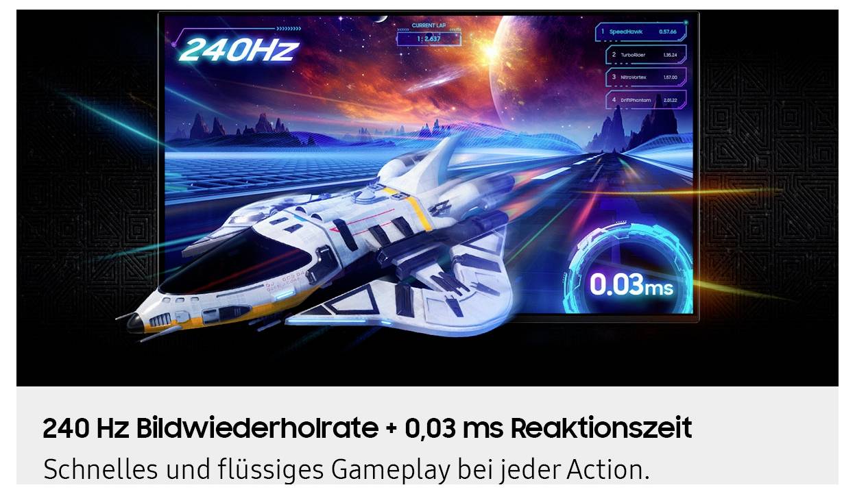 Ein futuristisches Raumschiff rast auf einem Bildschirm mit den Anzeigen '240Hz' und '0,03ms' und unterstreicht damit ein schnelles, flüssiges Spielerlebnis und eine extrem kurze Reaktionszeit.