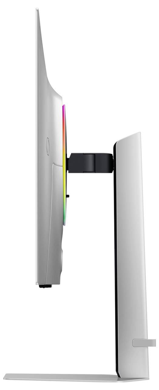 Seitenansicht eines schlanken, modernen Computermonitors mit einem farbenfrohen Lichtring auf der Rückseite, der sein dünnes Design und den verstellbaren Ständer hervorhebt.