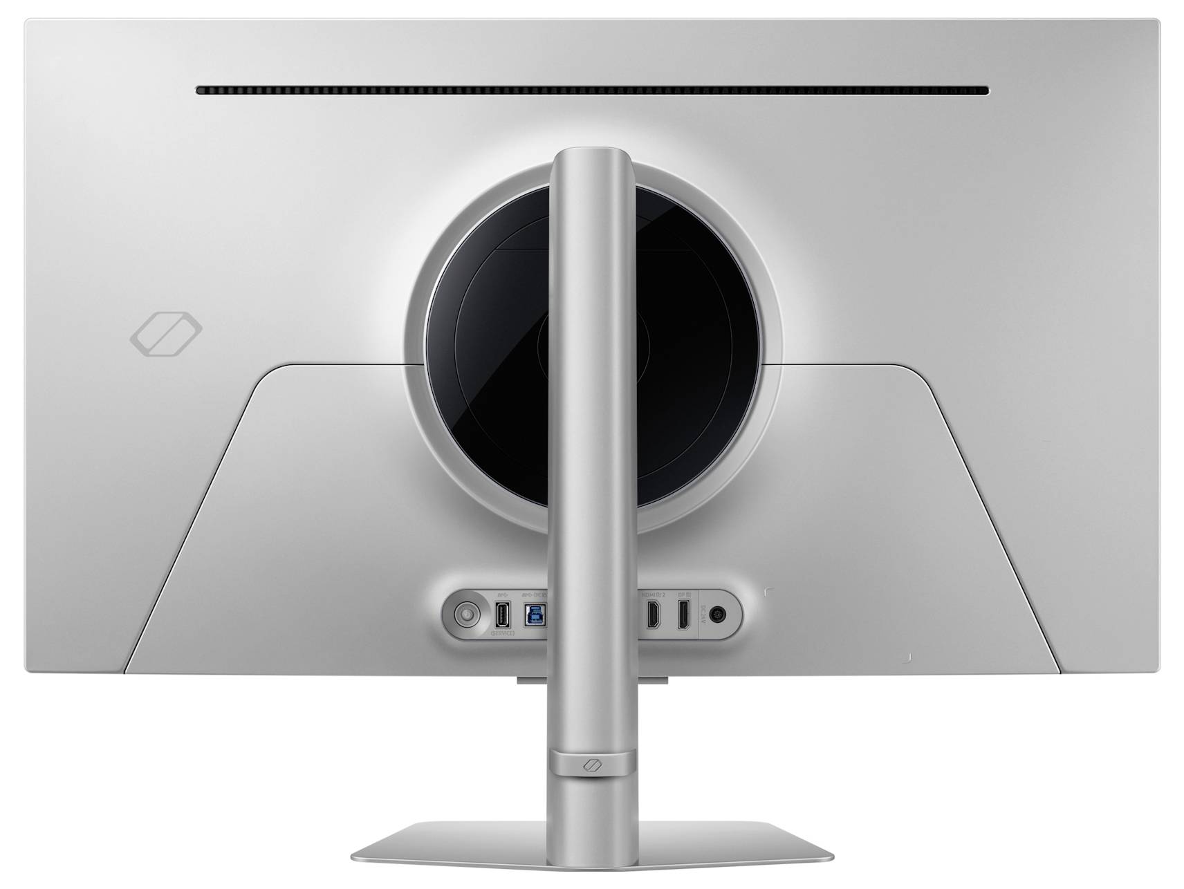 Rückansicht eines eleganten silbernen Computermonitors auf einem Ständer, die Anschlüsse und Belüftungsdesign zeigt und minimalistische Ästhetik betont.