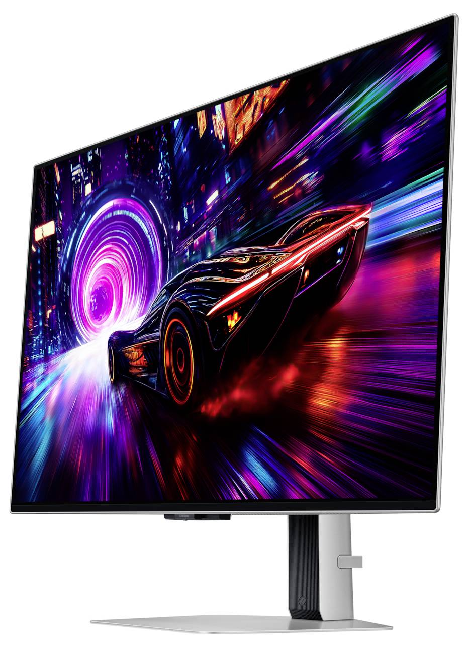 Ein schlankes, futuristisches Auto rast durch eine lebendige, neonbeleuchtete Stadtlandschaft und hinterlässt dynamische Lichtspuren.